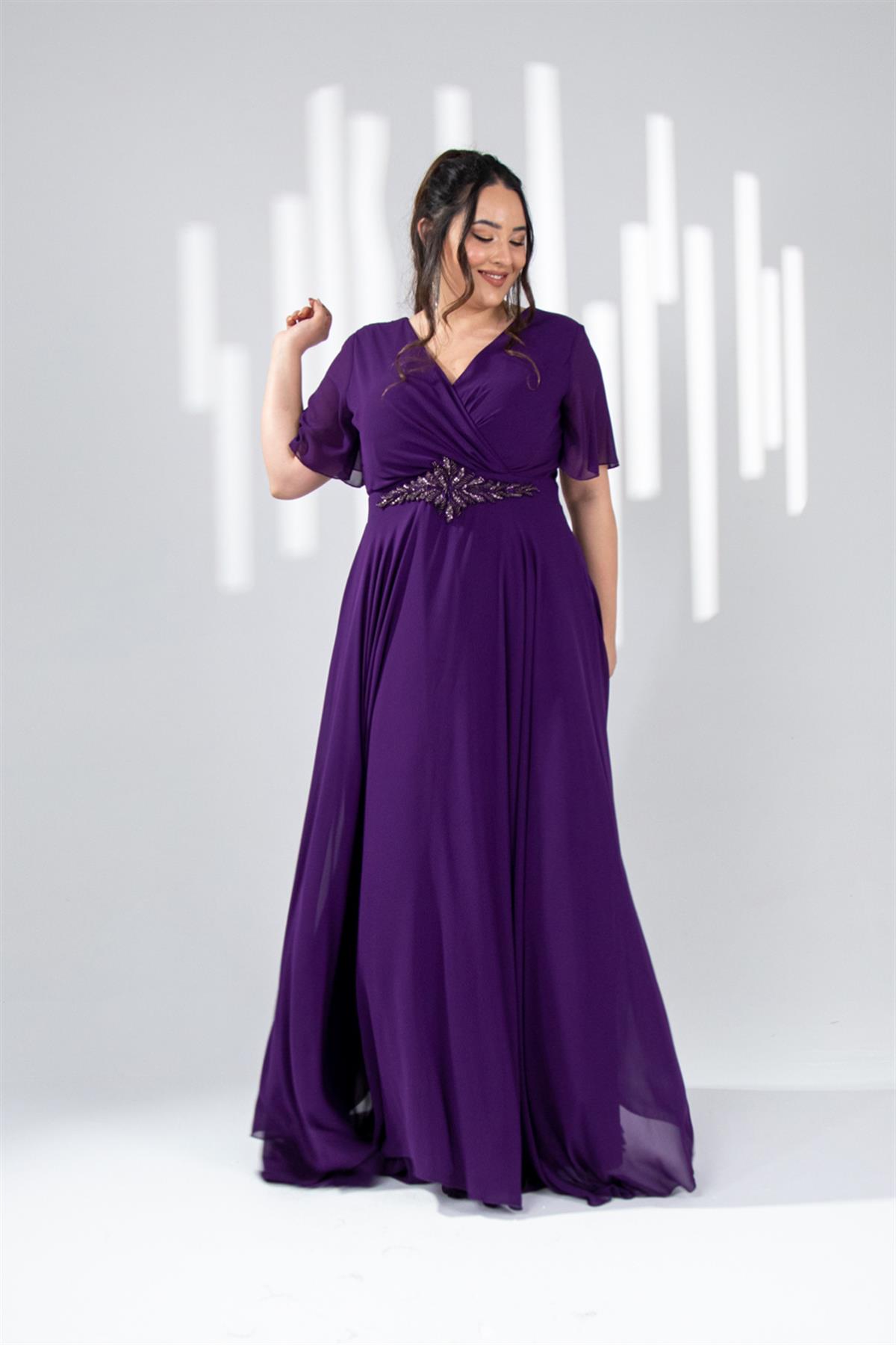 Büyük Beden 142018 Beli Aplik İşleme Abiye  Mürdüm