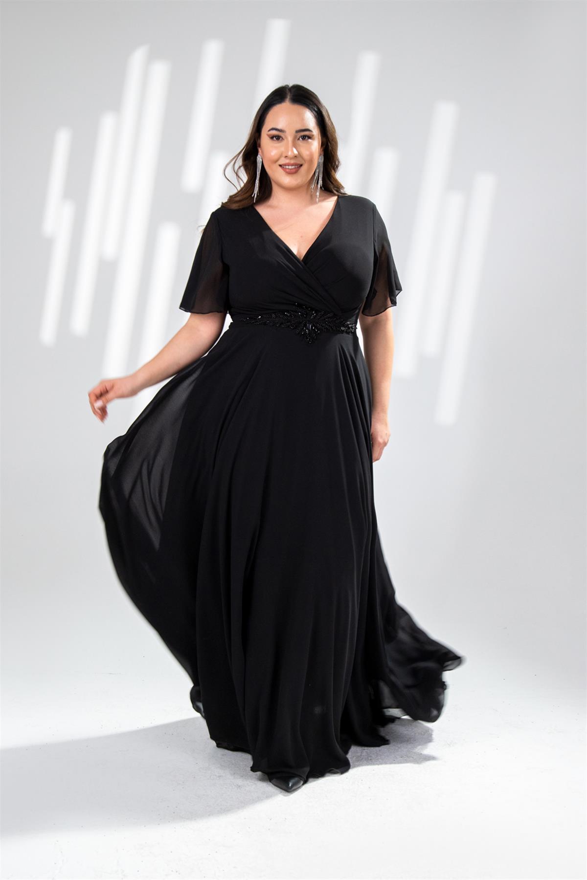 Büyük Beden 142018 Beli Aplik İşleme Abiye  Siyah