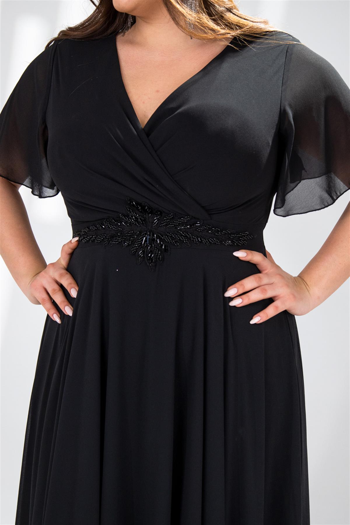 Büyük Beden 142018 Beli Aplik İşleme Abiye  Siyah