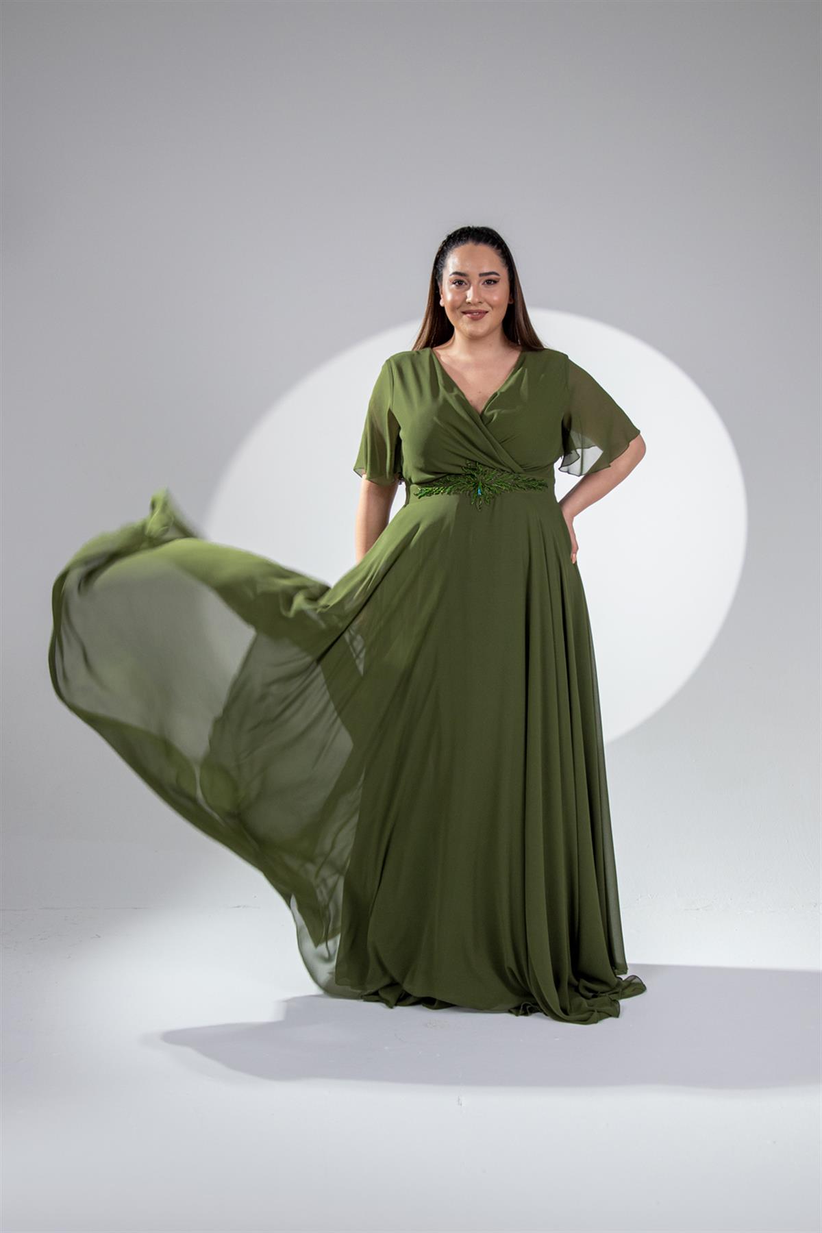 Büyük Beden 142018 Beli Aplik İşleme Abiye  Yeşil