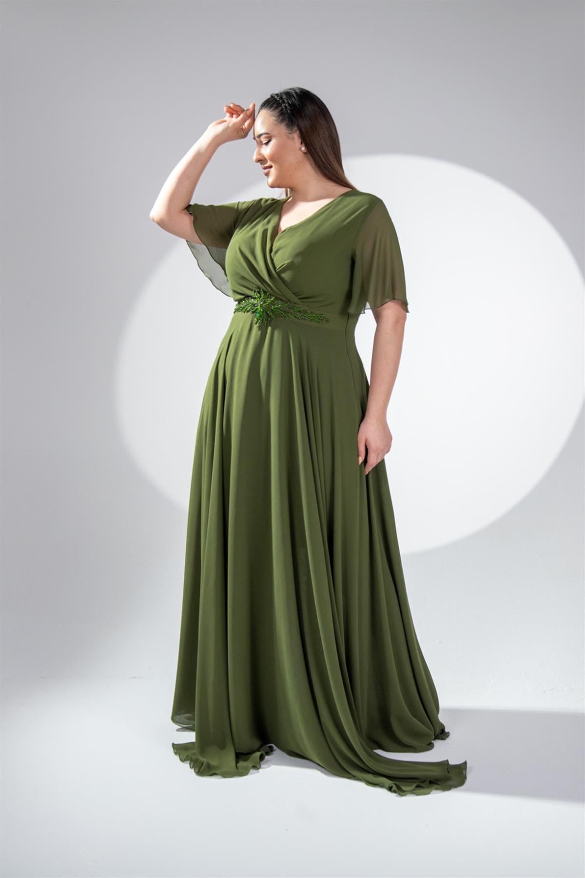 Büyük Beden 142018 Beli Aplik İşleme Abiye  Yeşil