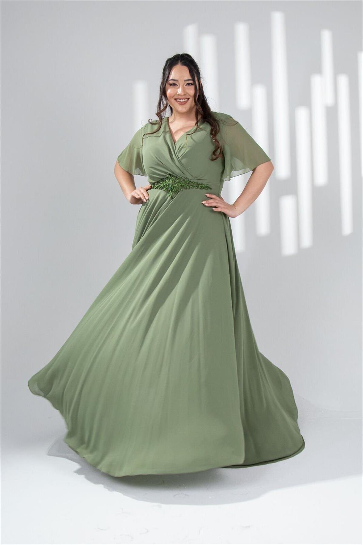 Büyük Beden 142018 Beli Aplik İşleme Abiye  Haki