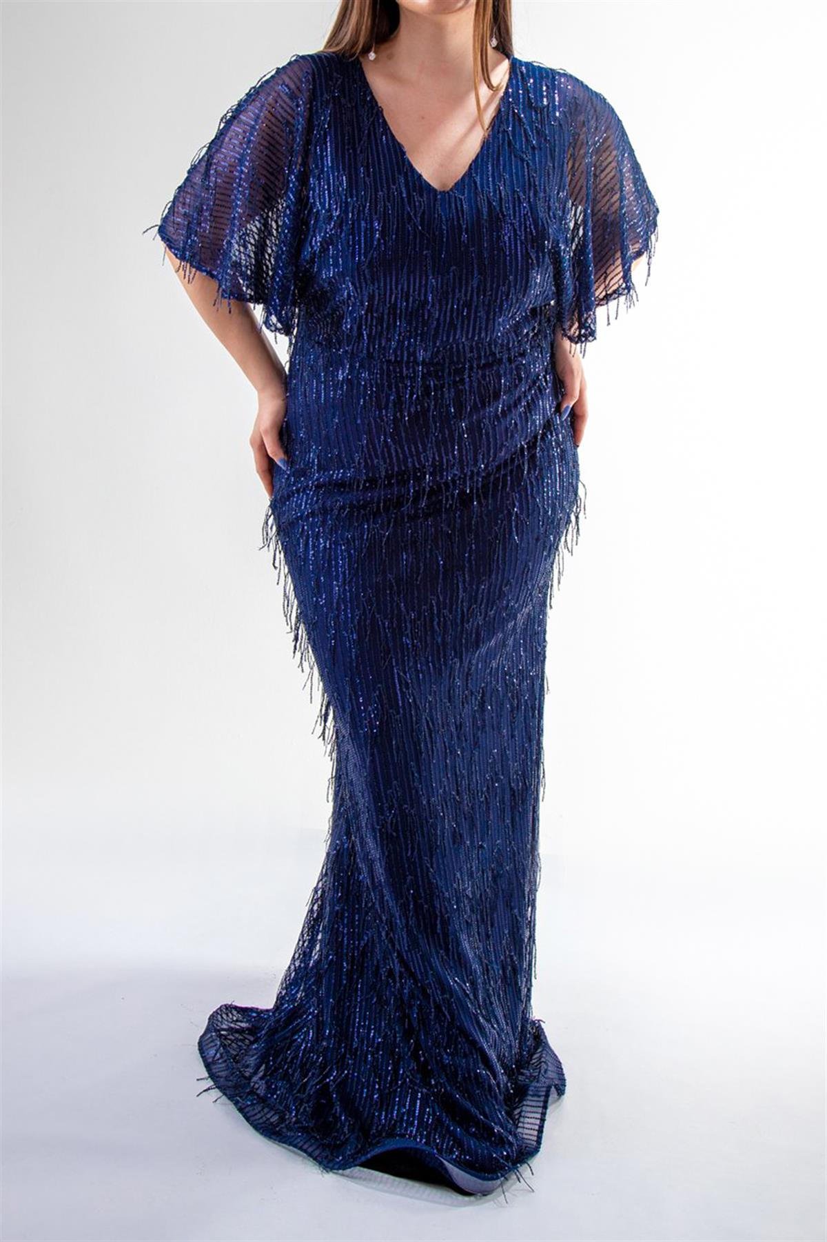 Büyük Beden 142019 Saçaklı Uzun Abiye  Lacivert