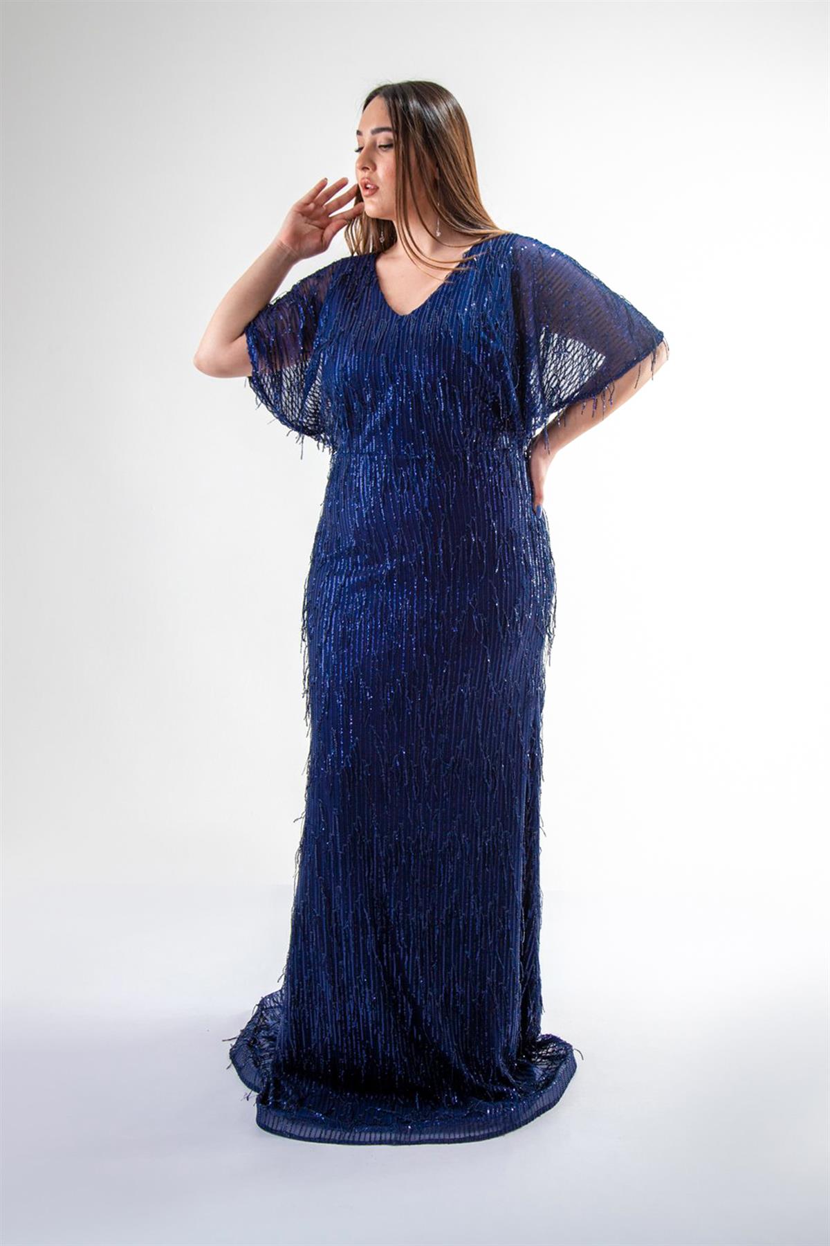 Büyük Beden 142019 Saçaklı Uzun Abiye  Lacivert