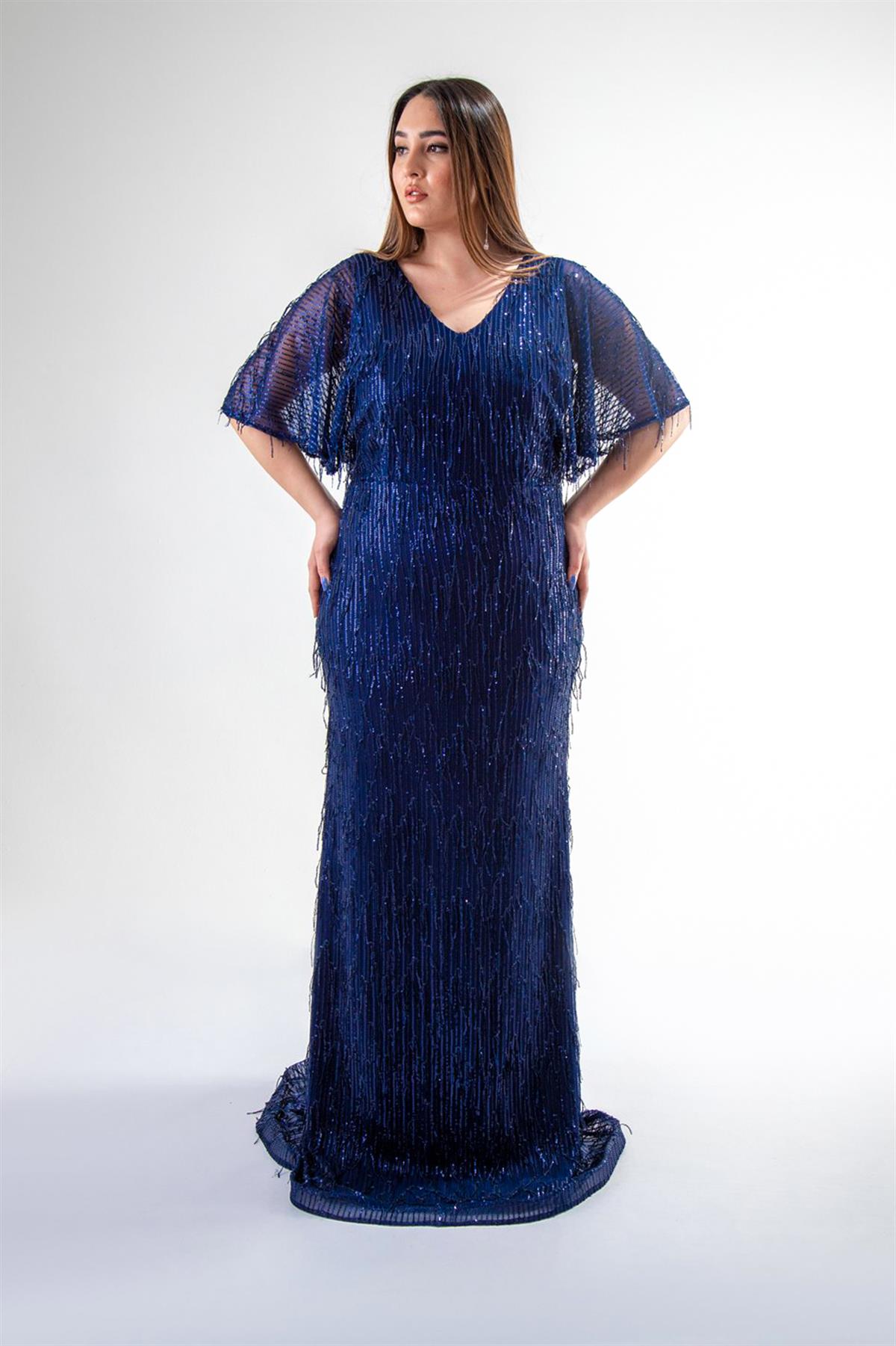 Büyük Beden 142019 Saçaklı Uzun Abiye  Lacivert