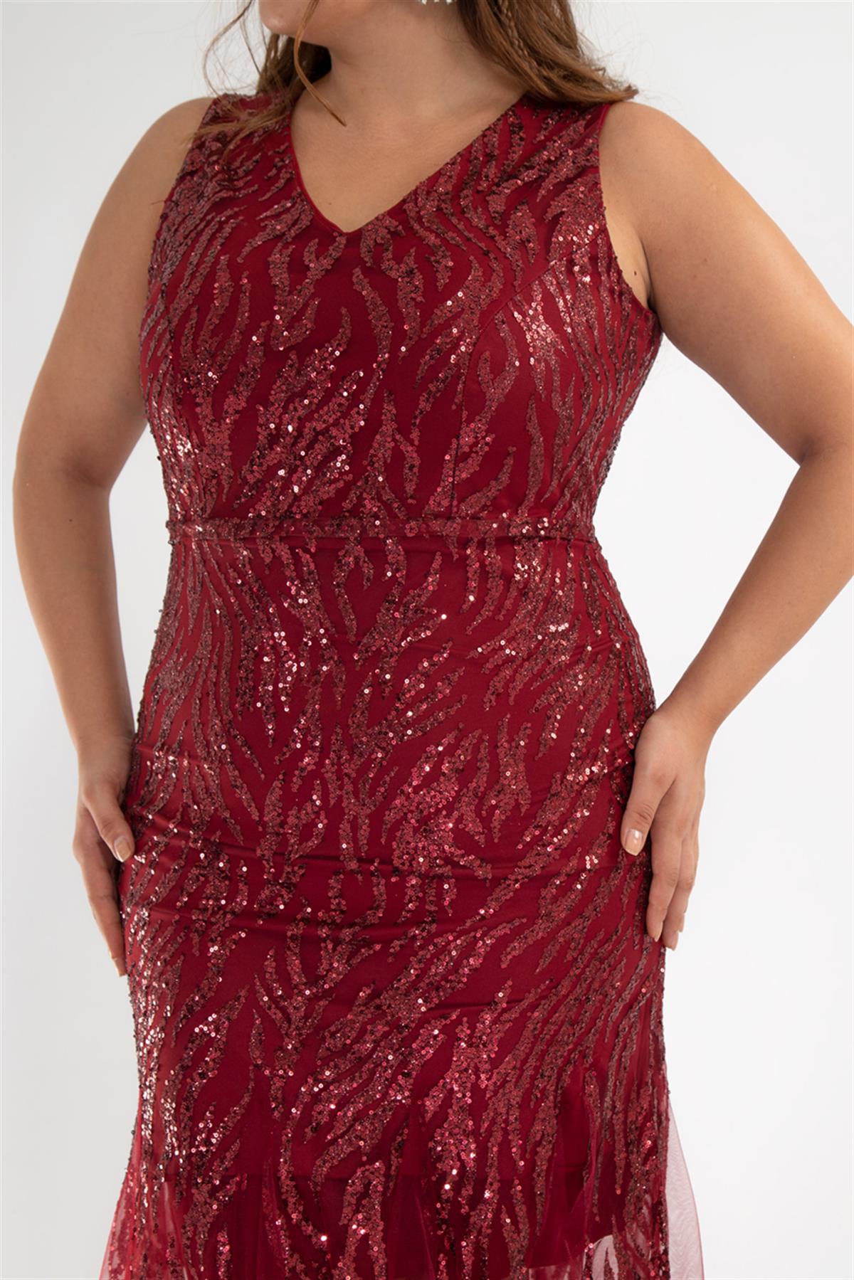 Büyük Beden 142024 Pul İşleme Uzun Abiye  Bordo