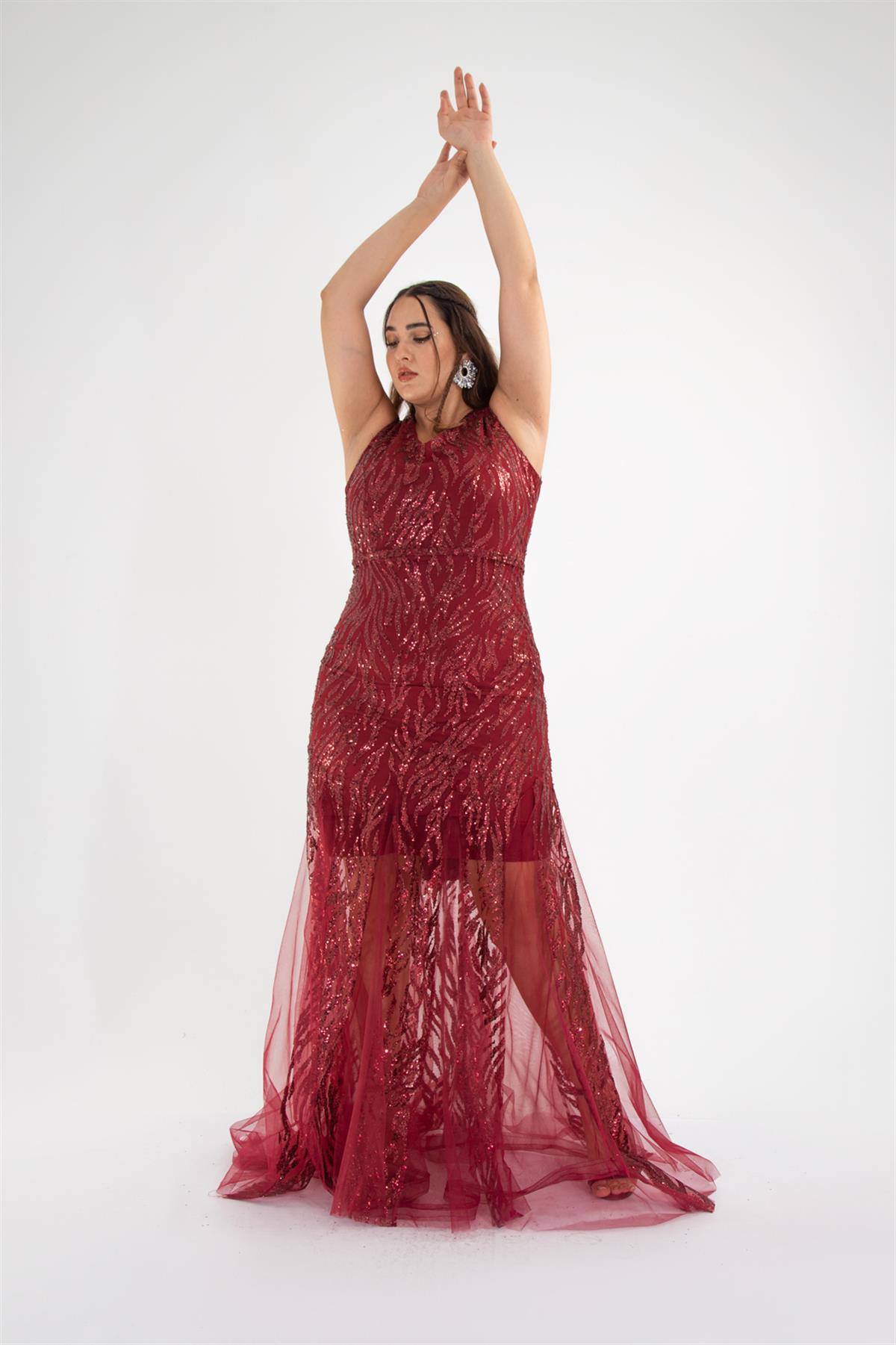 Büyük Beden 142024 Pul İşleme Uzun Abiye  Bordo