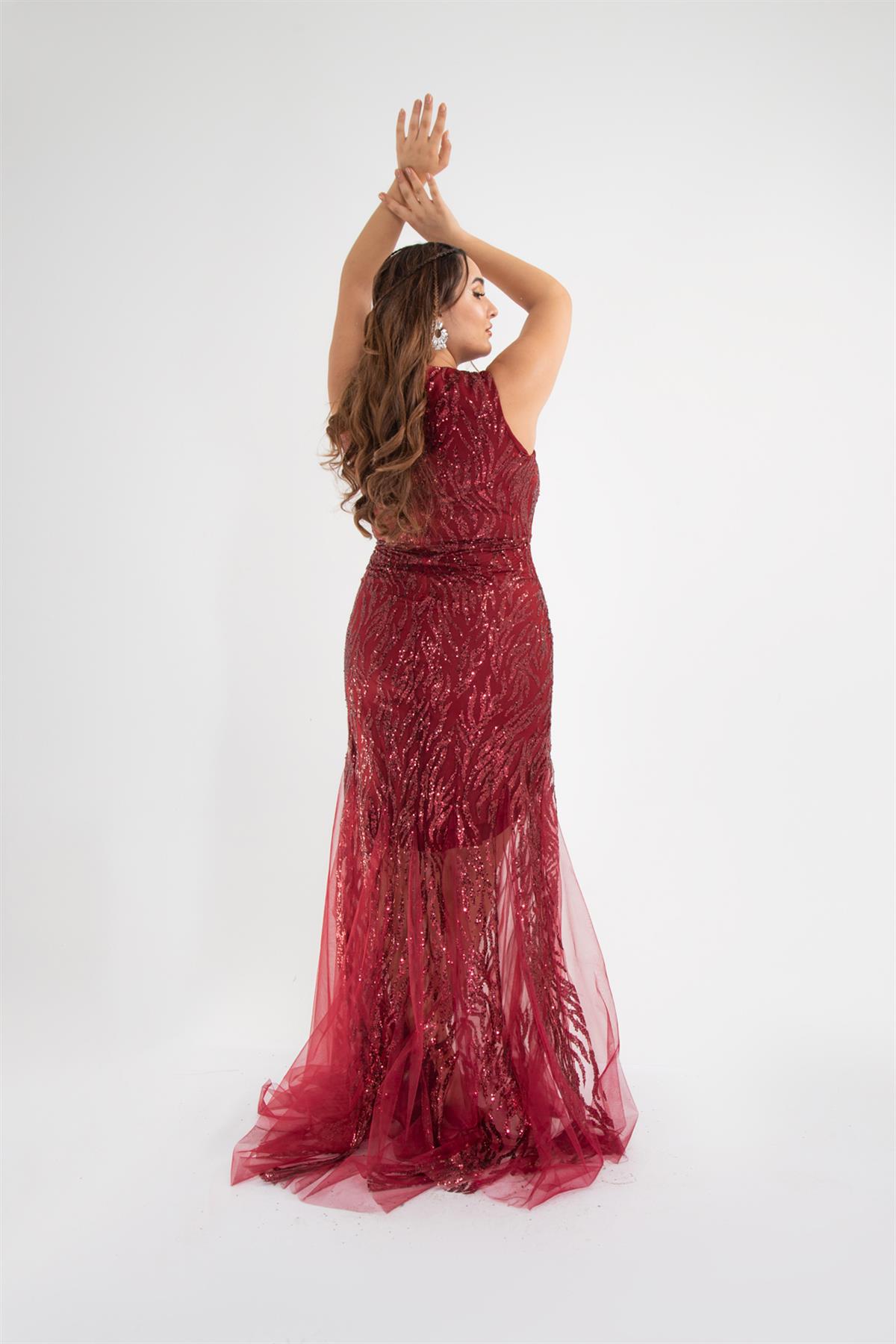 Büyük Beden 142024 Pul İşleme Uzun Abiye  Bordo