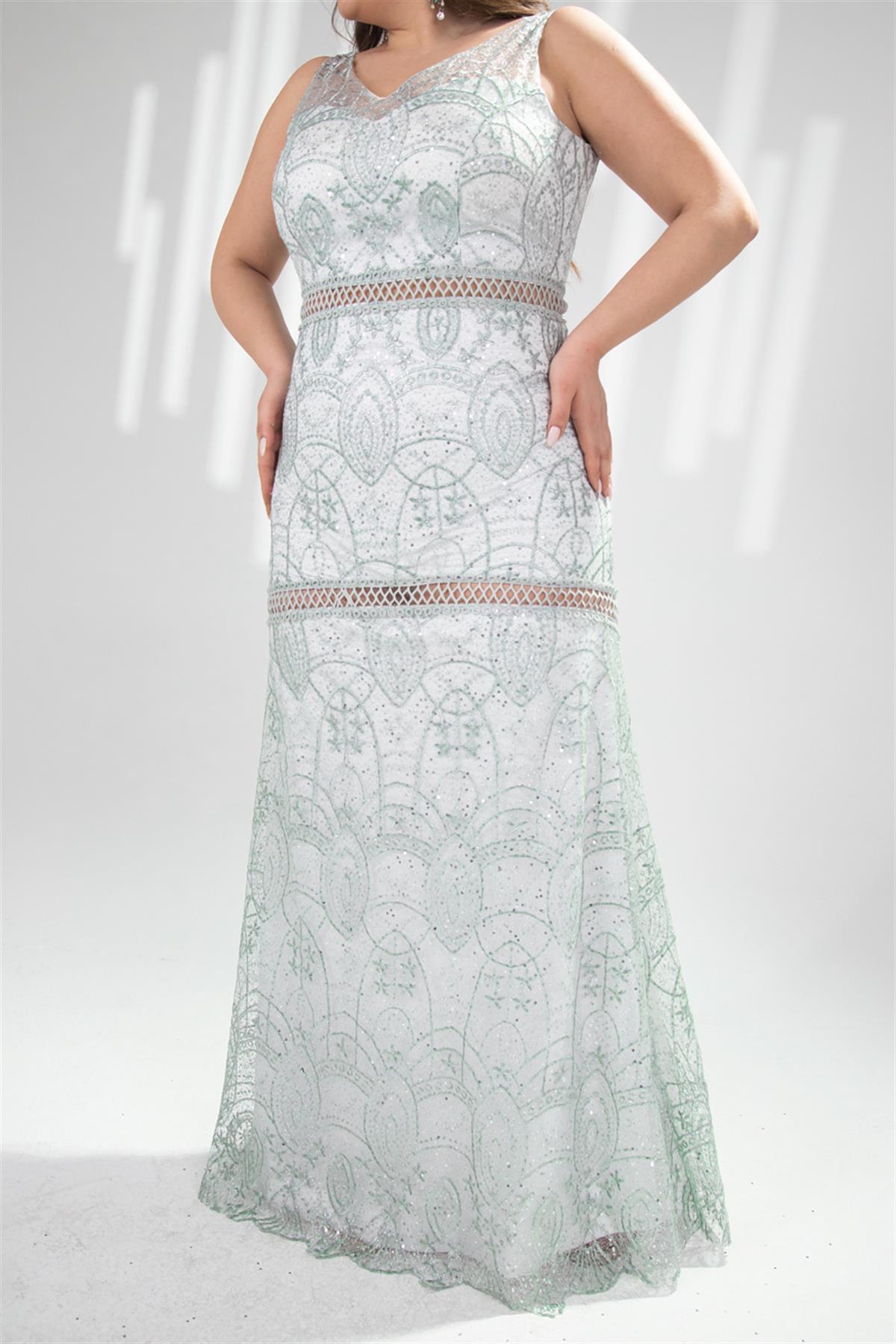 Büyük Beden 142028 Dantel İşleme Uzun Abiye  Mint Yeşil