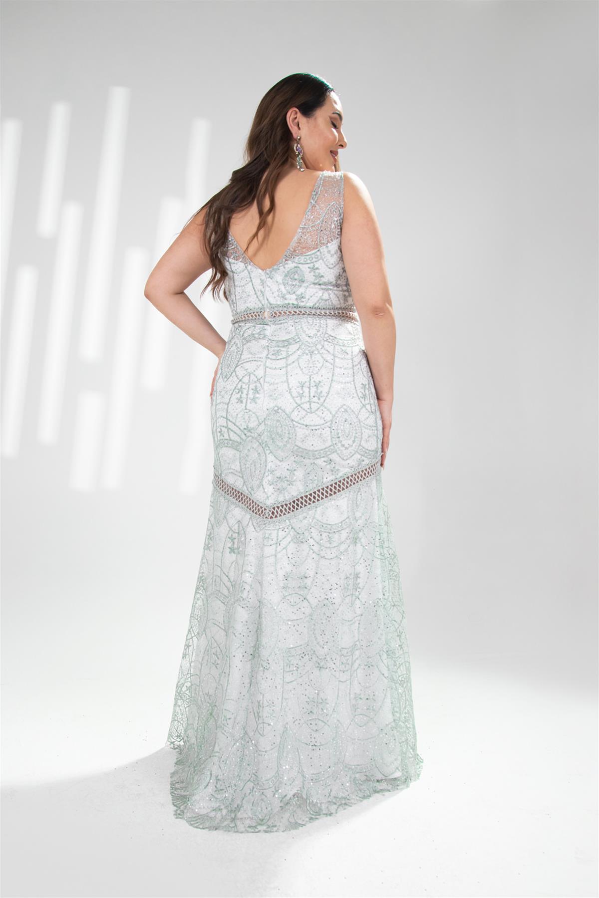 Büyük Beden 142028 Dantel İşleme Uzun Abiye  Mint Yeşil