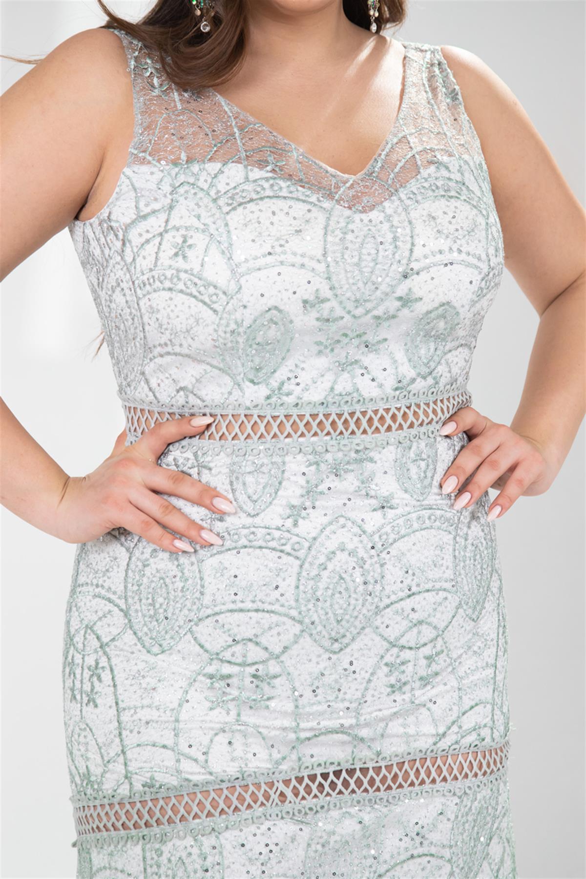 Büyük Beden 142028 Dantel İşleme Uzun Abiye  Mint Yeşil