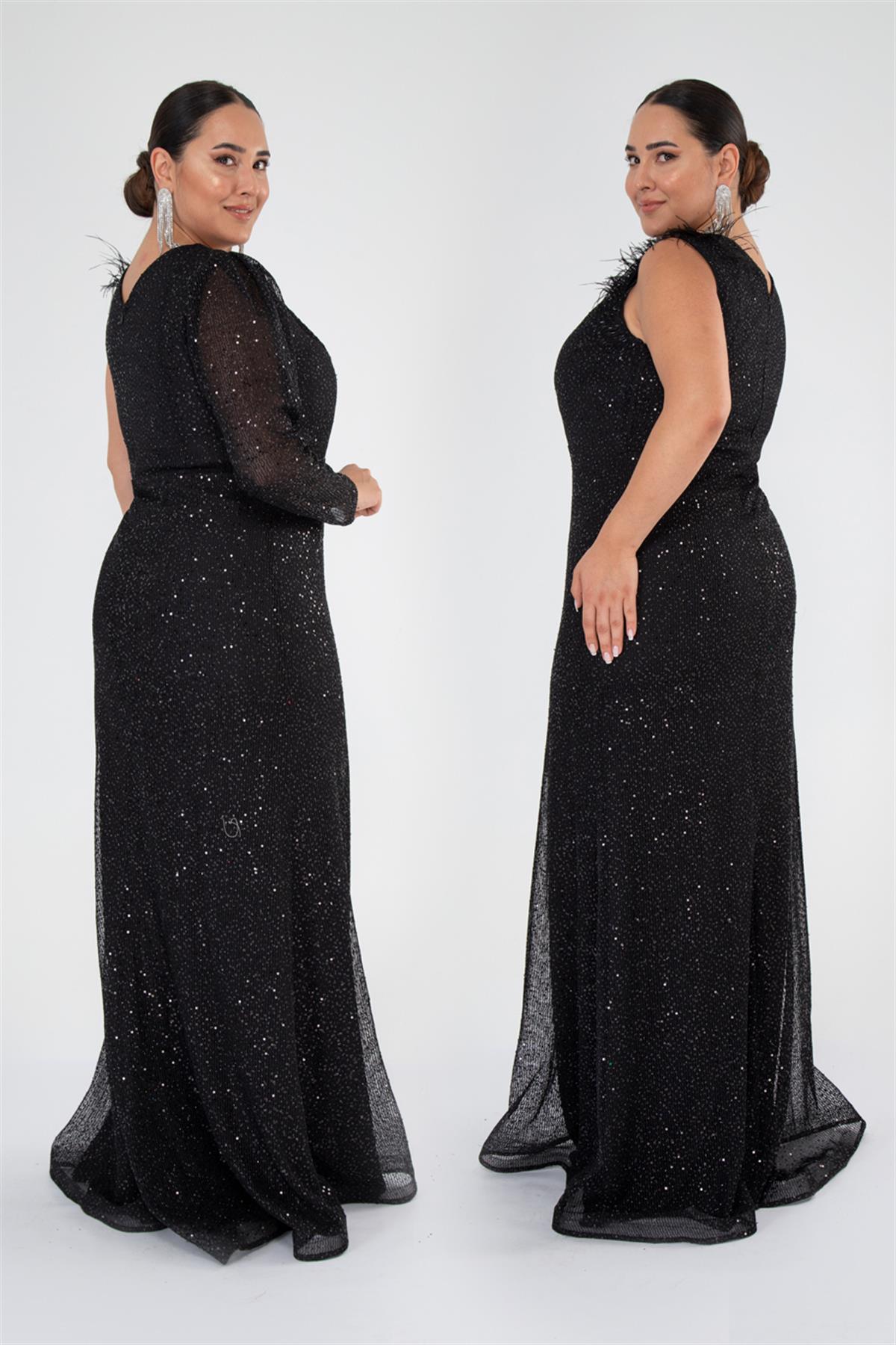 Büyük Beden 142032 Tek Omuz Açık Abiye  Siyah