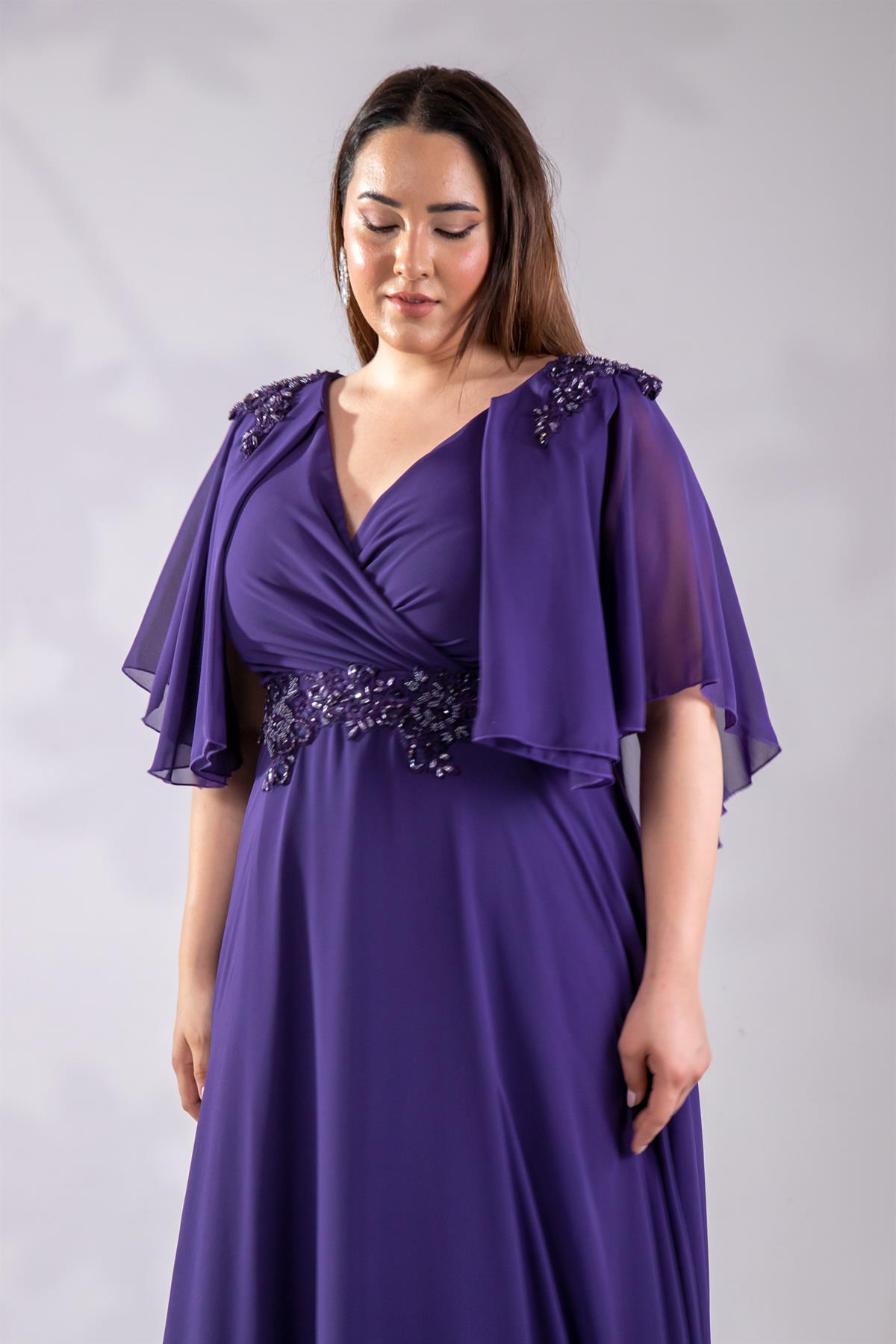 Büyük Beden 142035 Kruvaze Aplik İşlemeli Abiye  Lila