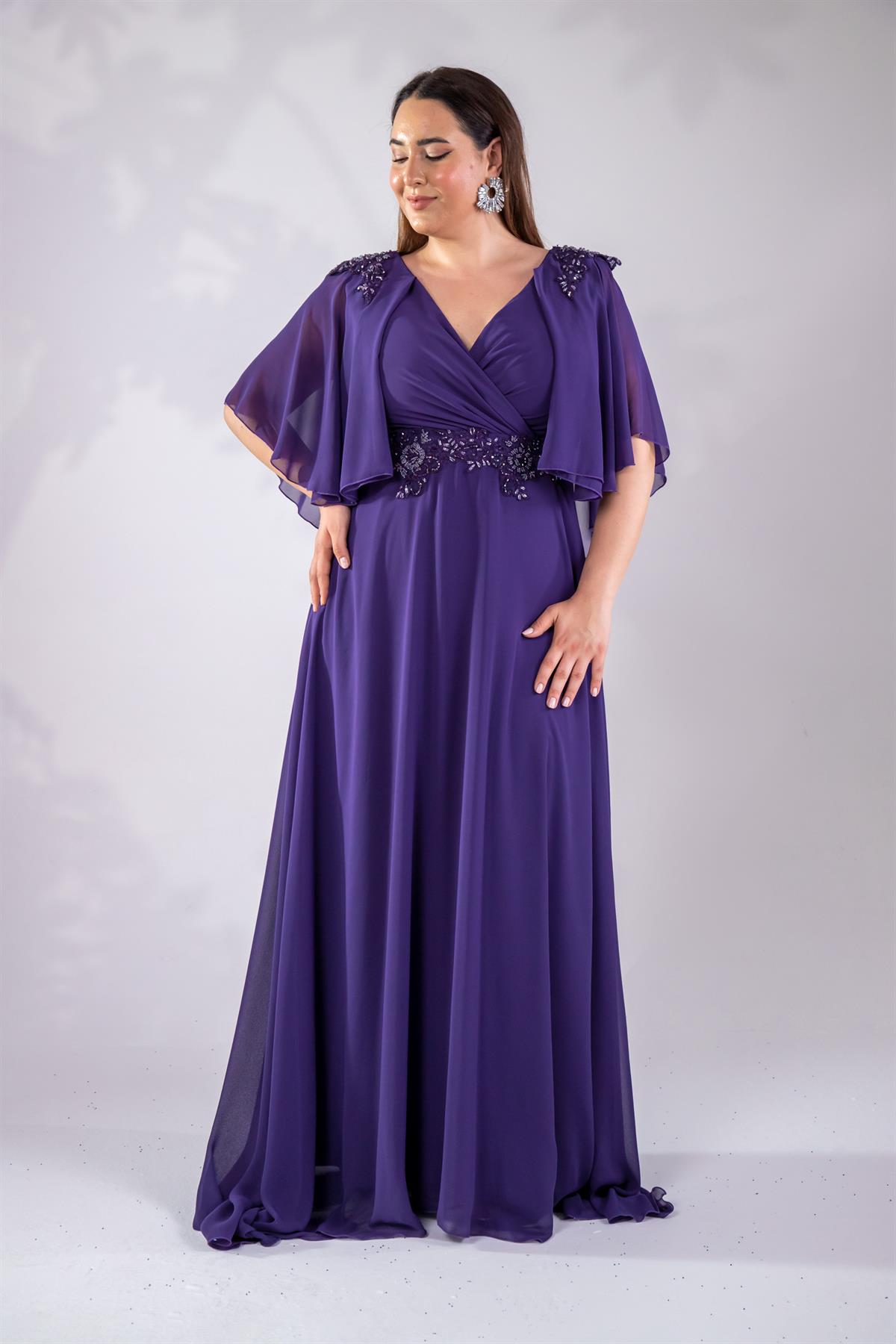 Büyük Beden 142035 Kruvaze Aplik İşlemeli Abiye  Lila