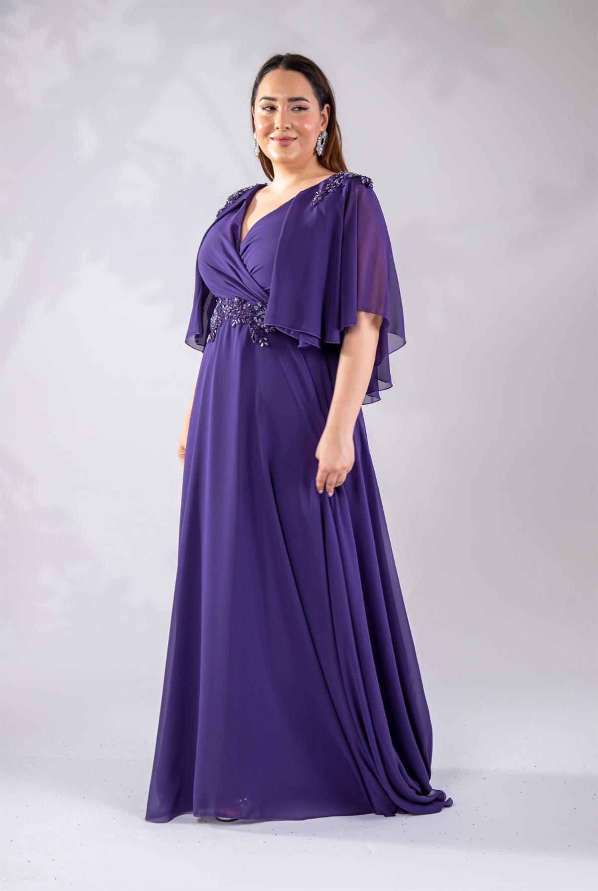 Büyük Beden 142035 Kruvaze Aplik İşlemeli Abiye  Lila