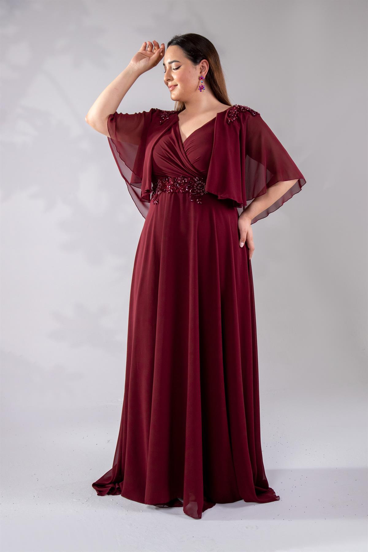 Büyük Beden 142035 Kruvaze Aplik İşlemeli Abiye  Bordo