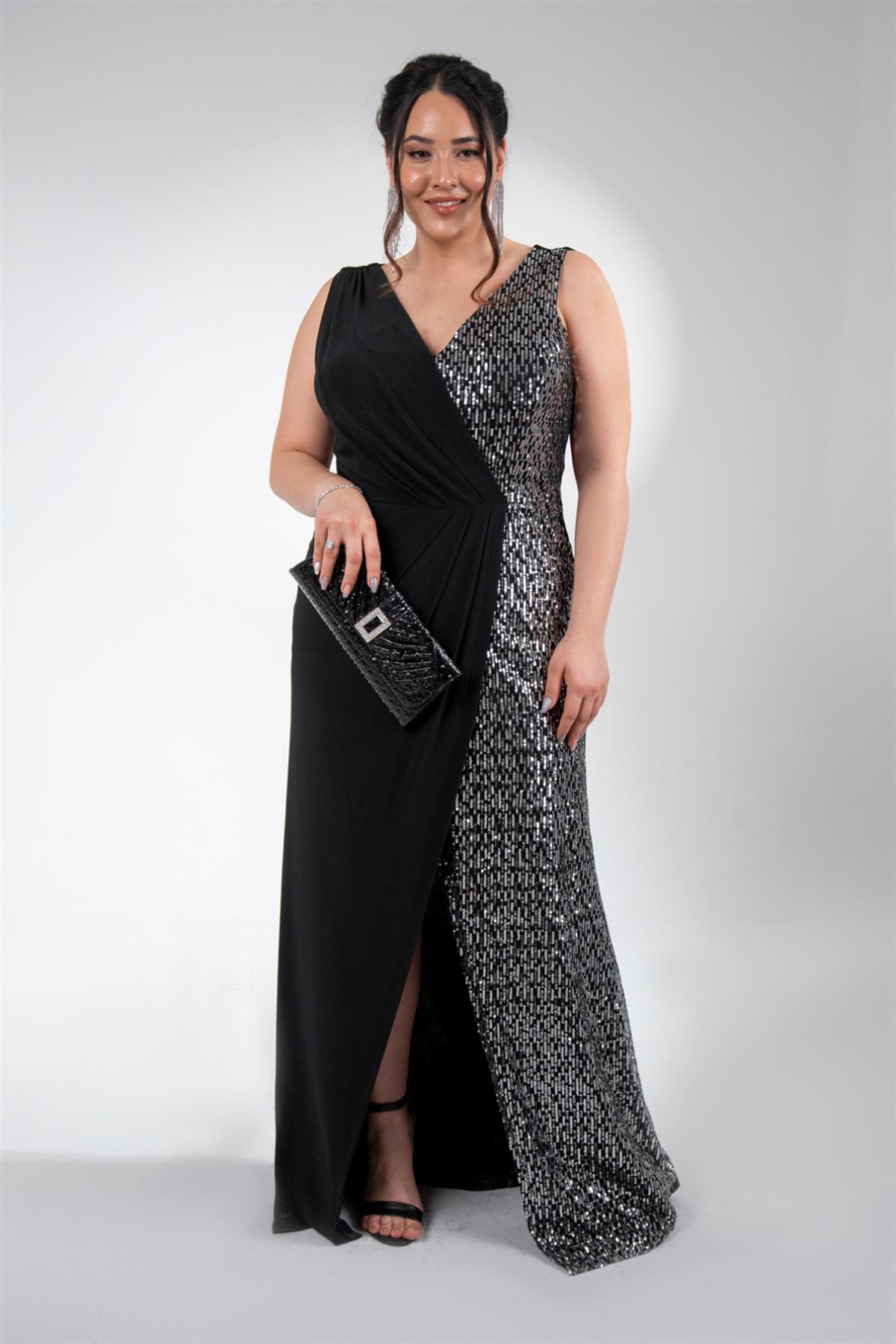 Büyük Beden 142046 Kruvaze Pul Payetli Abiye  Siyah