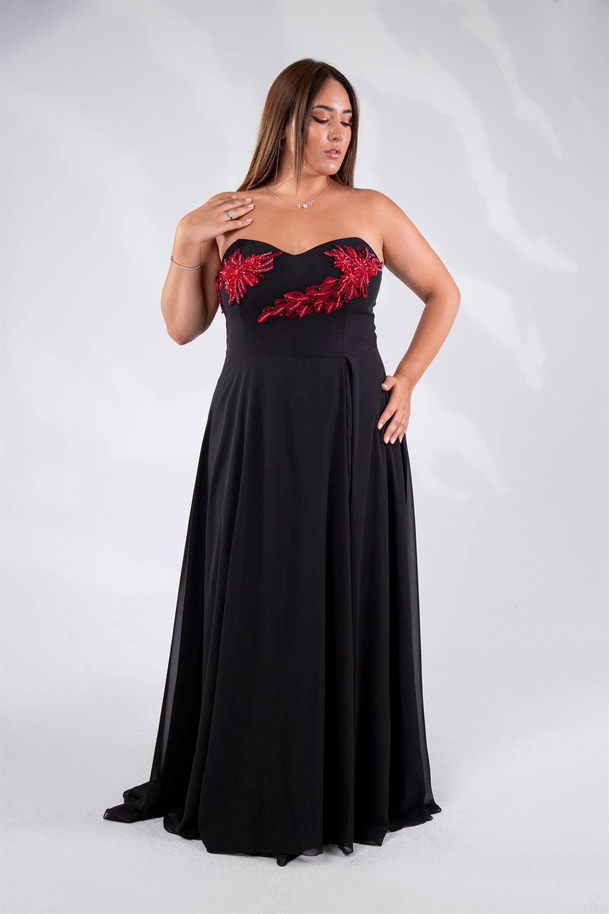 Büyük Beden 142066 Aplik İşleömeli Uzun Abiye  Siyah