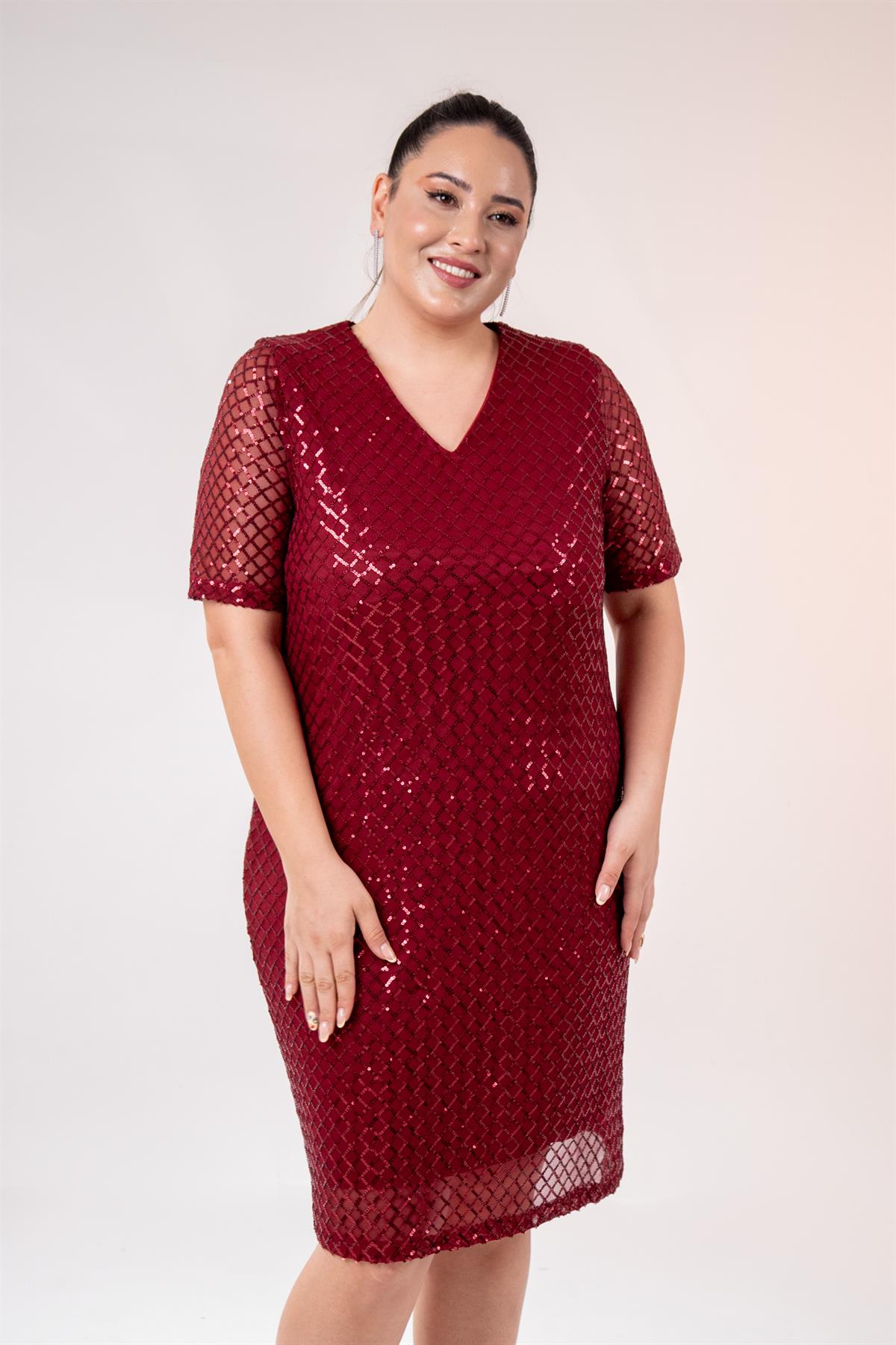Büyük Beden 14223241 V Yaka Abiye Elbise Bordo