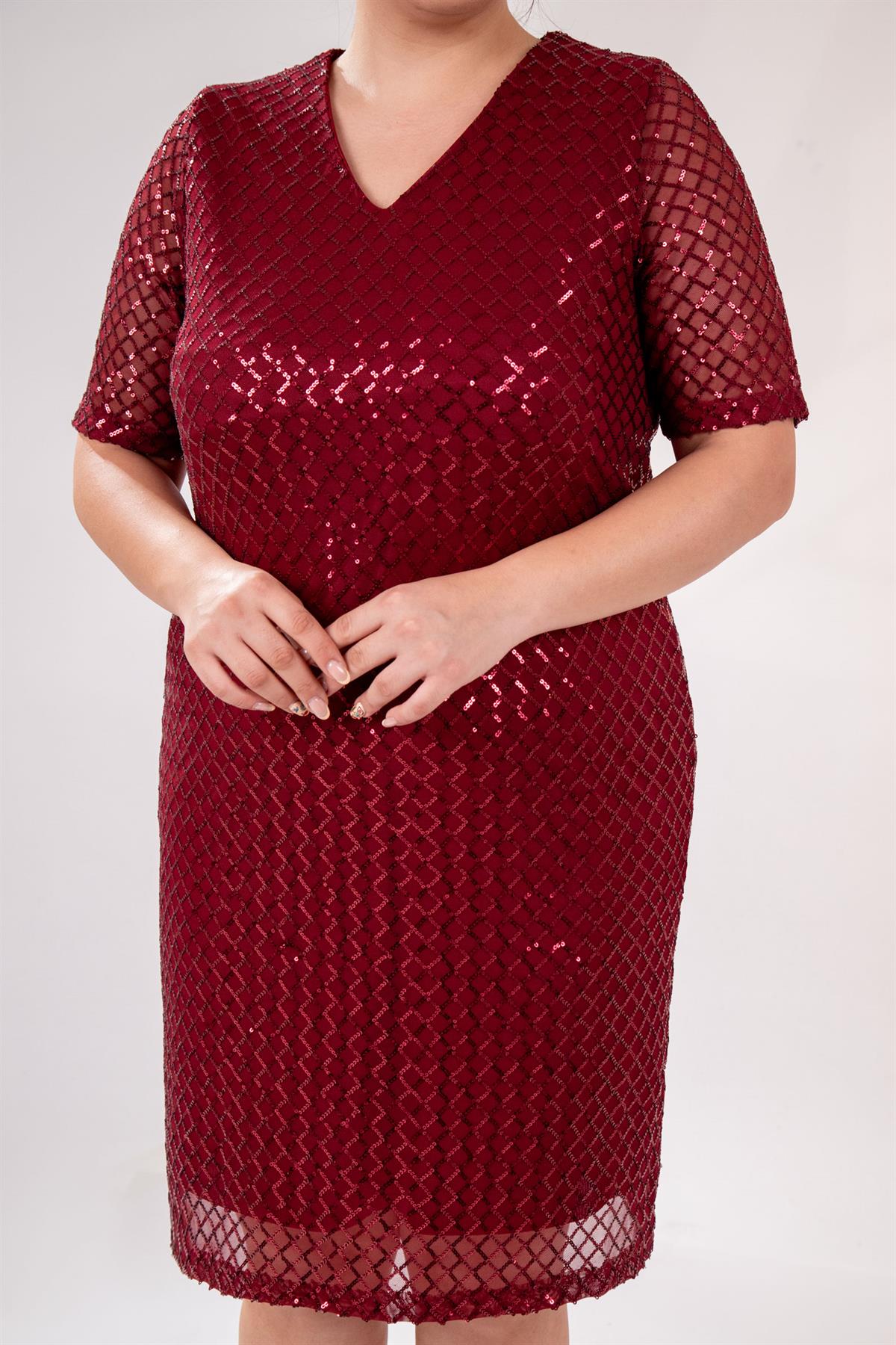 Büyük Beden 14223241 V Yaka Abiye Elbise Bordo