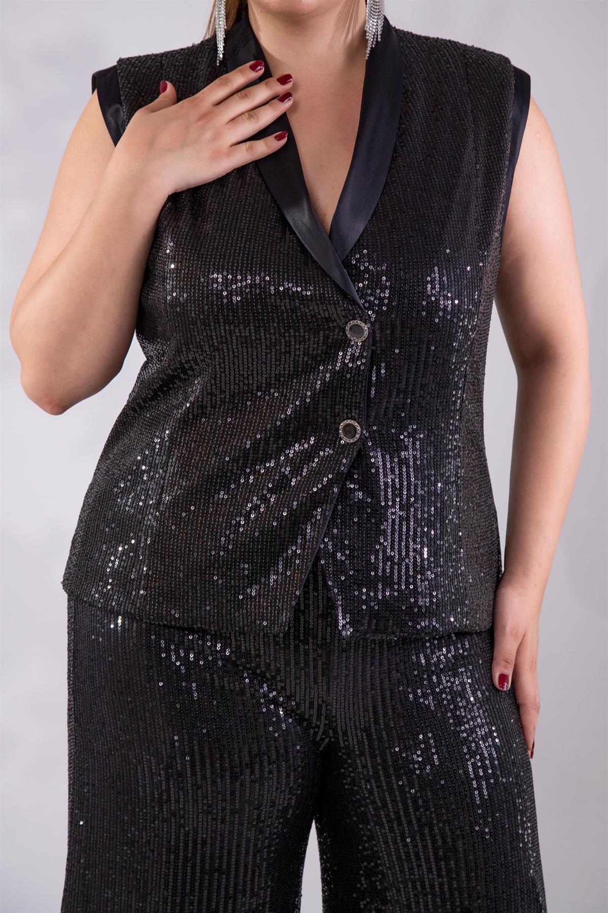 Büyük Beden 142396 Pulpayetli Yelek Siyah