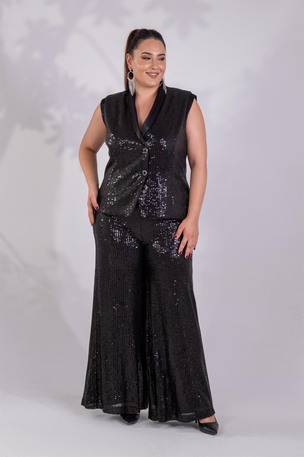 Büyük Beden 142396 Pulpayetli Yelek Siyah