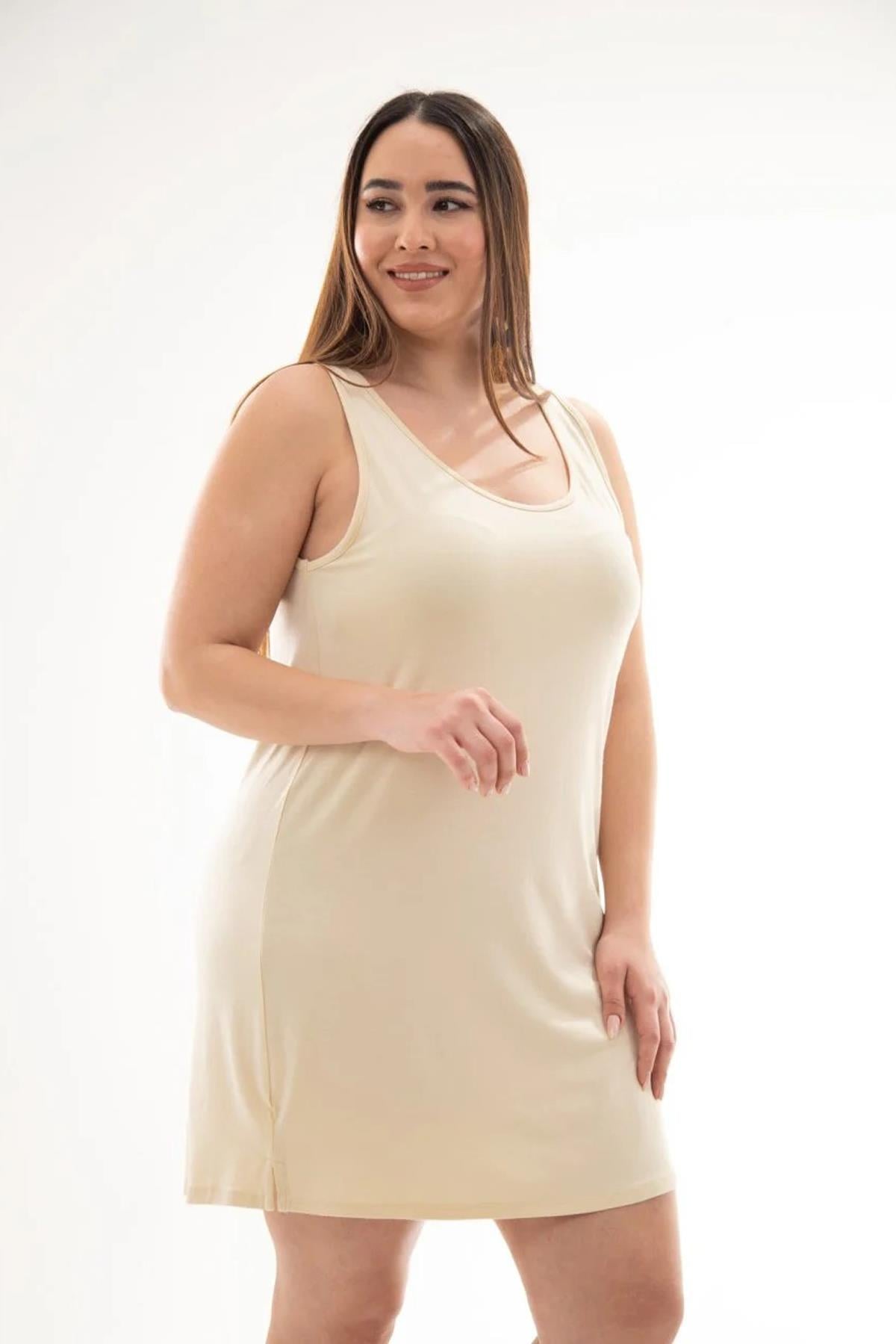 Büyük Beden 210035 Askılı Elbise  Krem