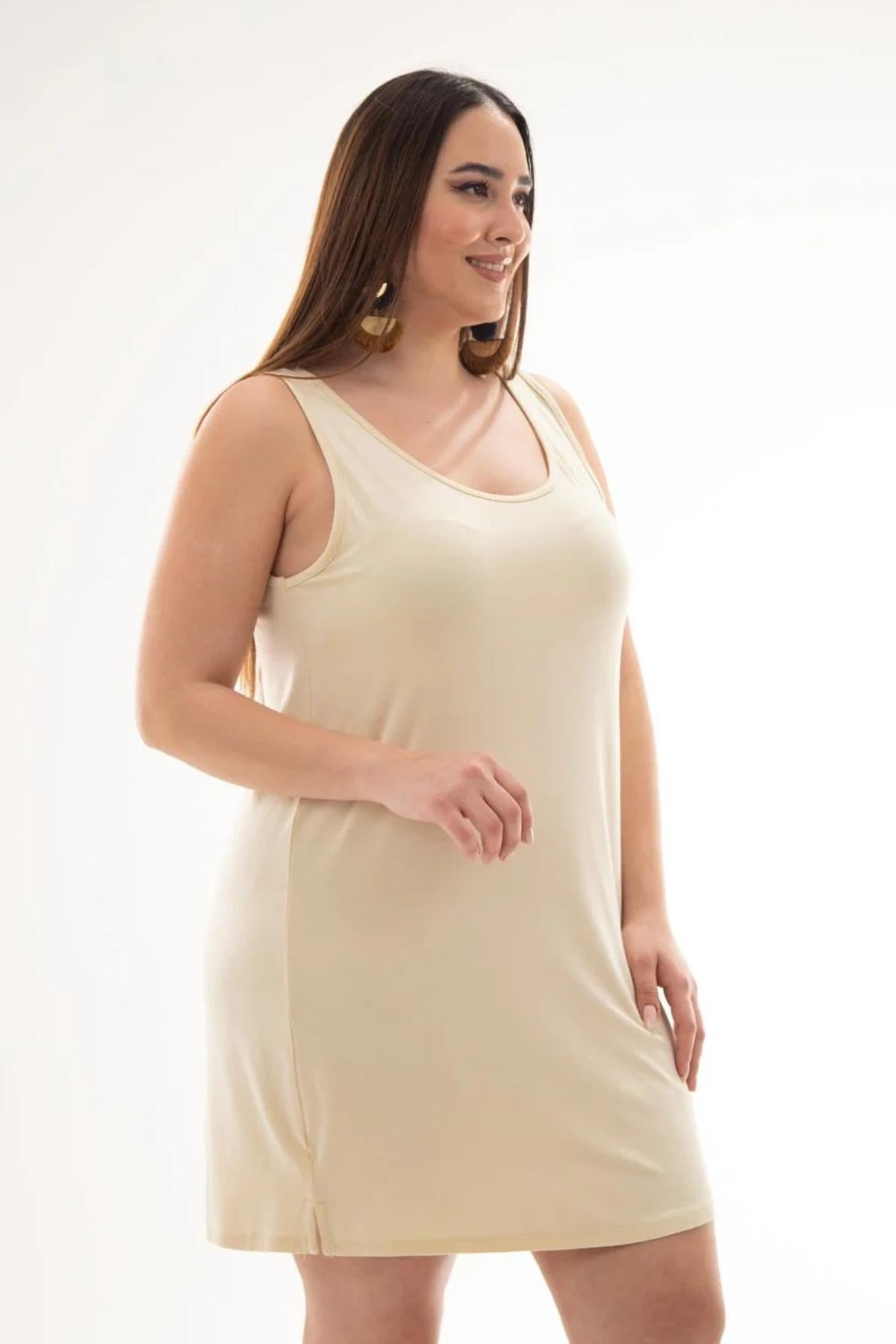 Büyük Beden 210035 Askılı Elbise  Krem