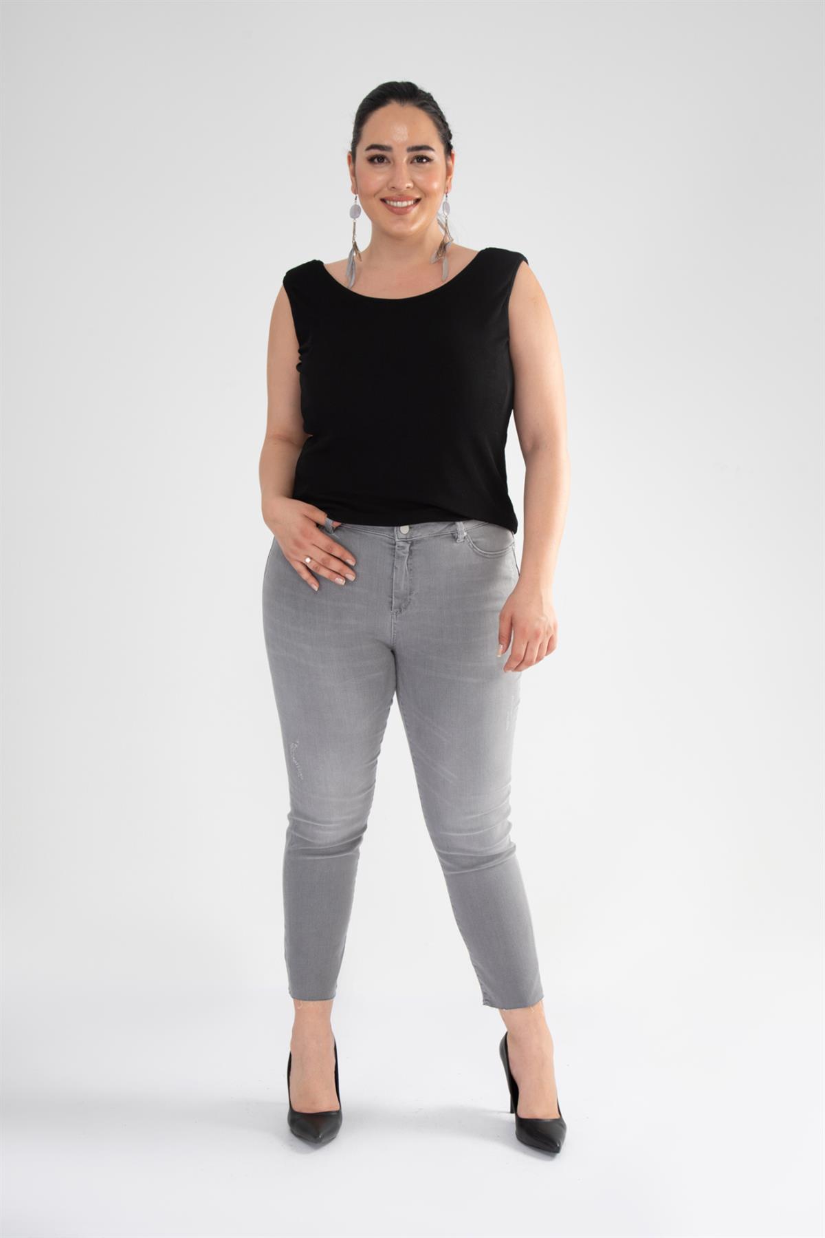 Büyük Beden 210043 Eskitme Denim Pantolon  Gri