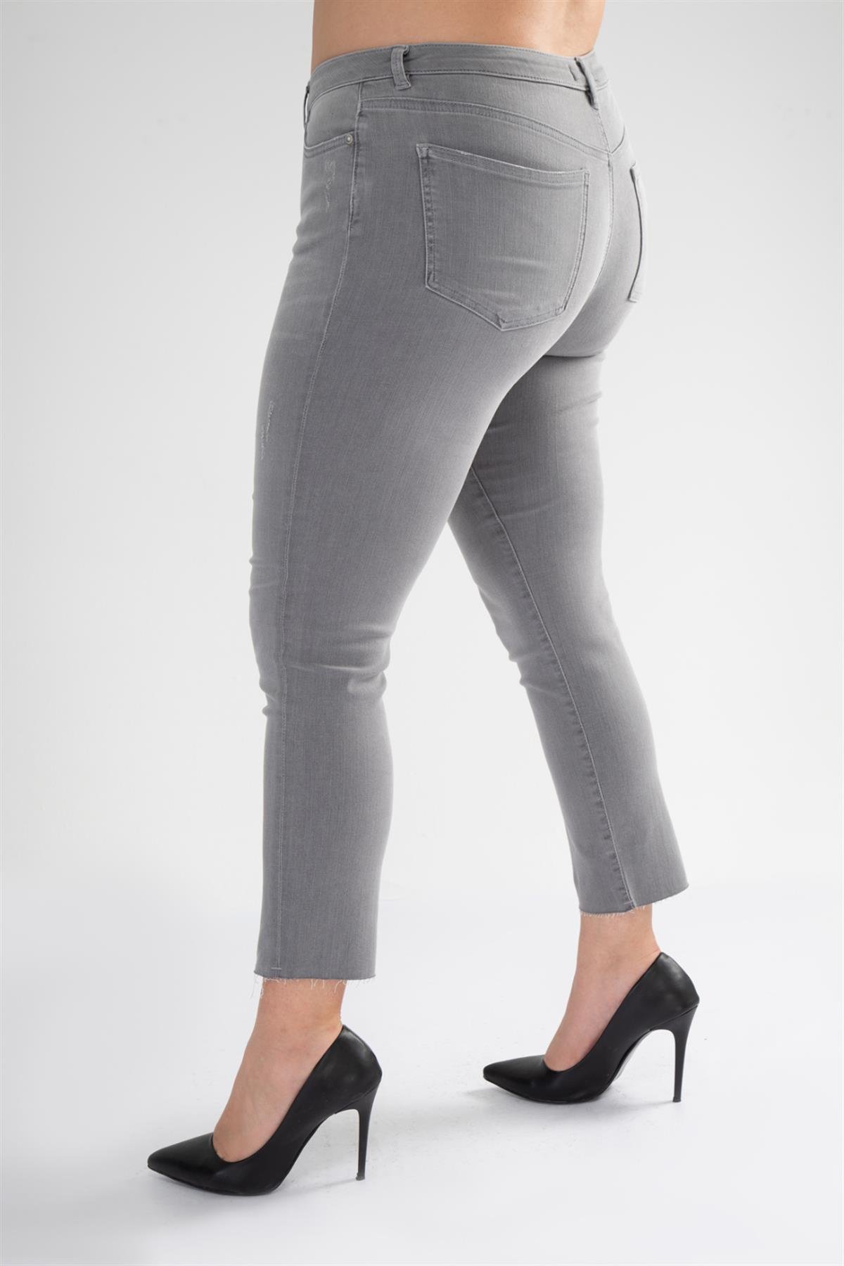Büyük Beden 210043 Eskitme Denim Pantolon  Gri