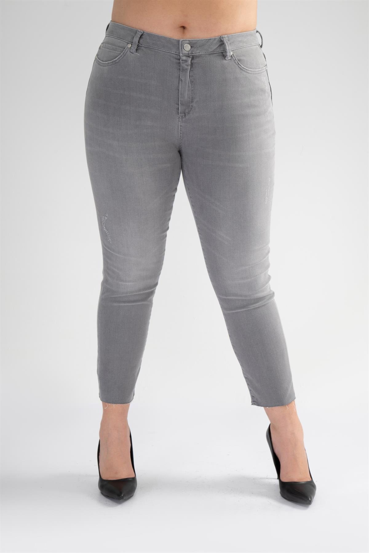 Büyük Beden 210043 Eskitme Denim Pantolon  Gri