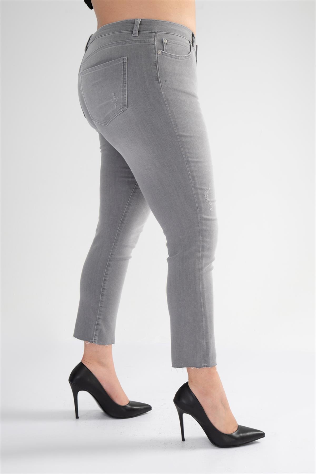 Büyük Beden 210043 Eskitme Denim Pantolon  Gri