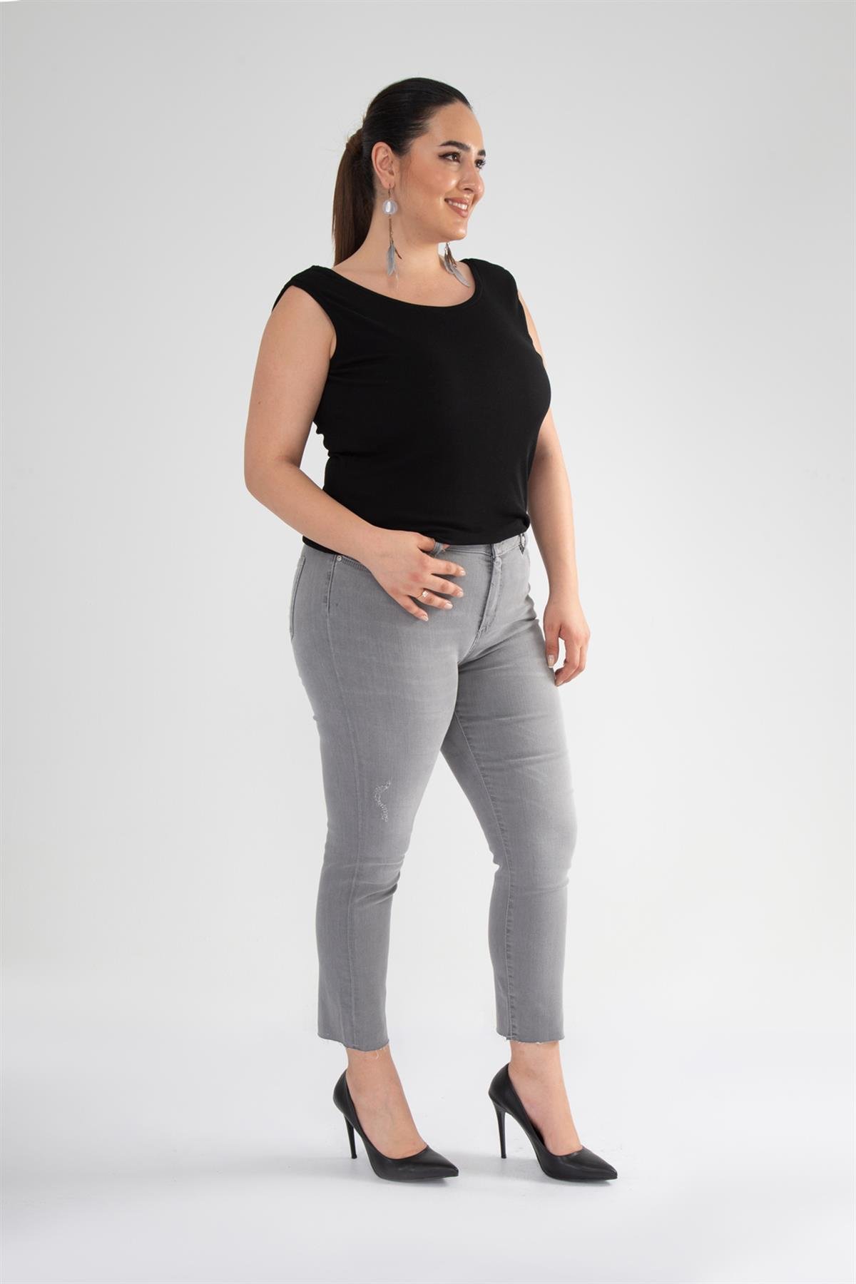 Büyük Beden 210043 Eskitme Denim Pantolon  Gri