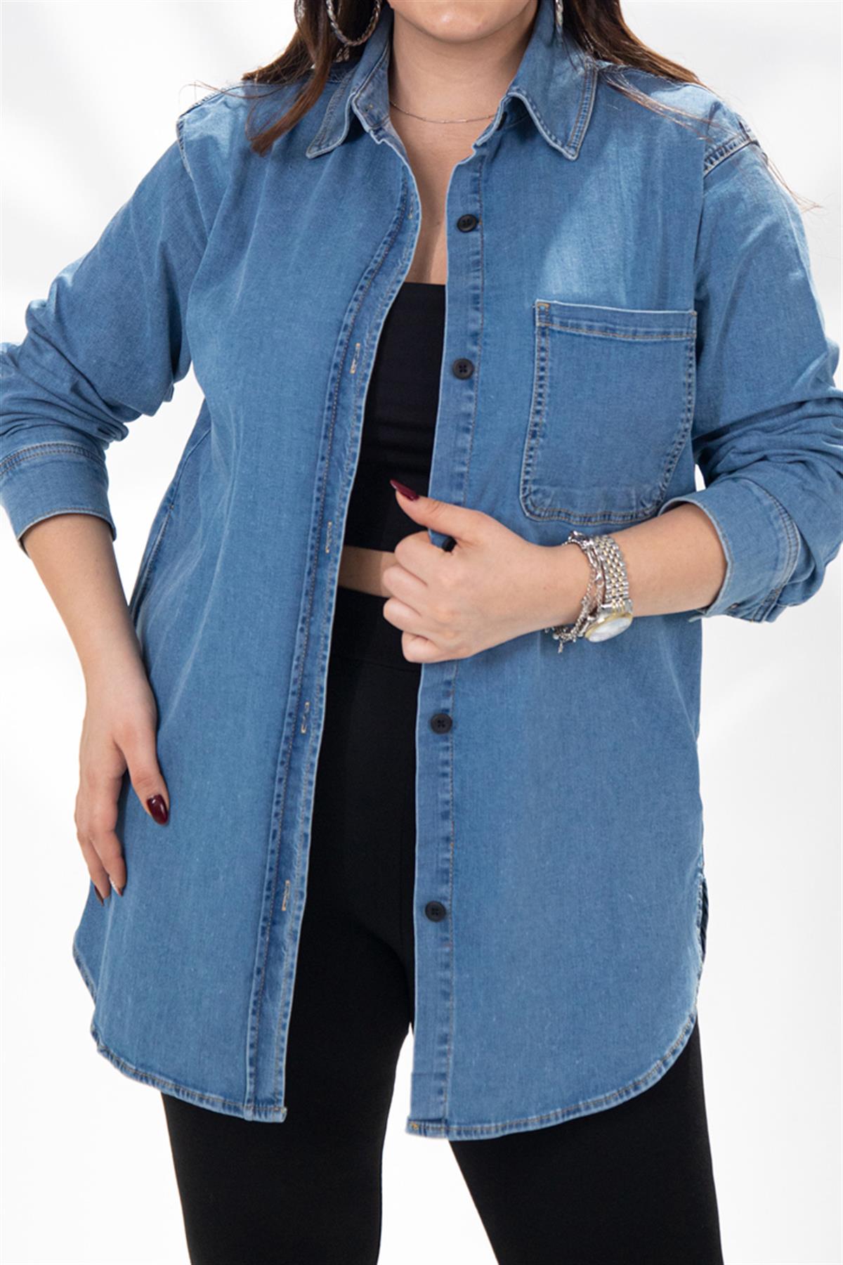 Büyük Beden 210051 Cepli Denim Gömlek  Mavi