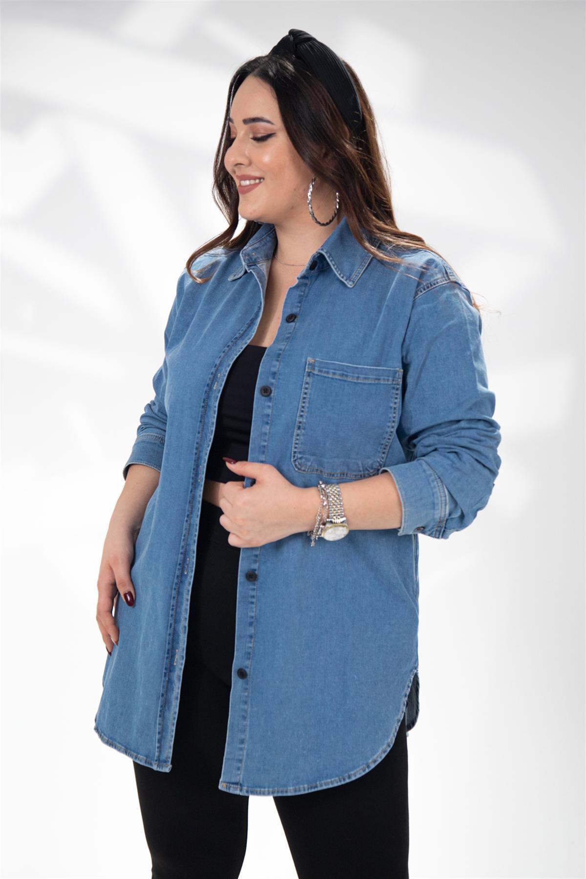 Büyük Beden 210051 Cepli Denim Gömlek  Mavi