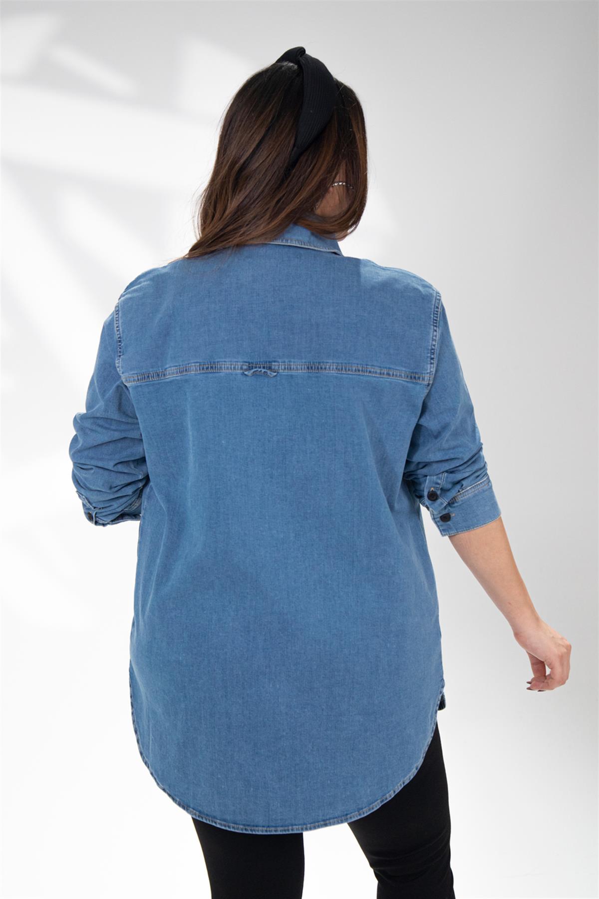 Büyük Beden 210051 Cepli Denim Gömlek  Mavi