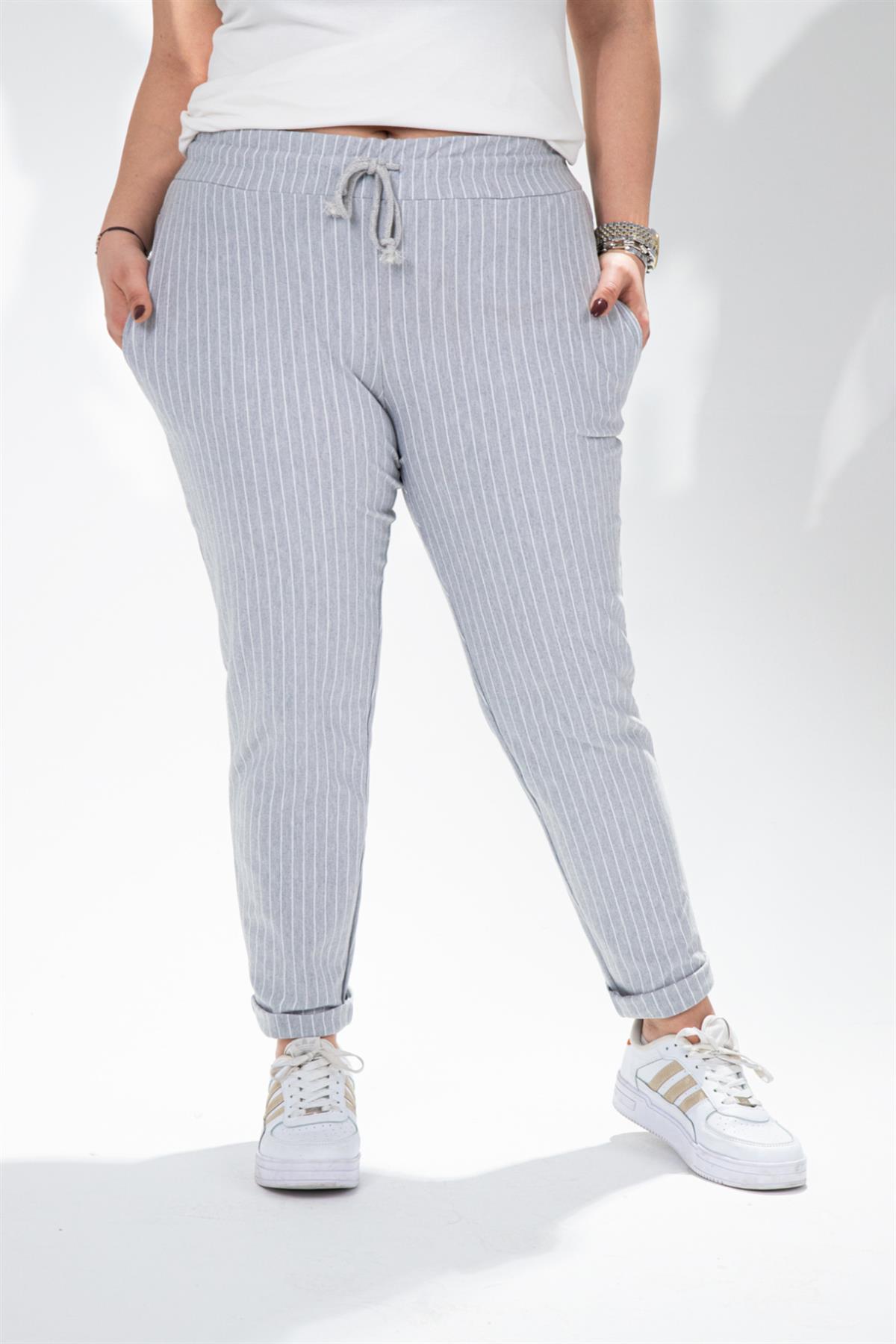 Büyük Beden 210054 Çizgili-Cepli Pantolon  Gri