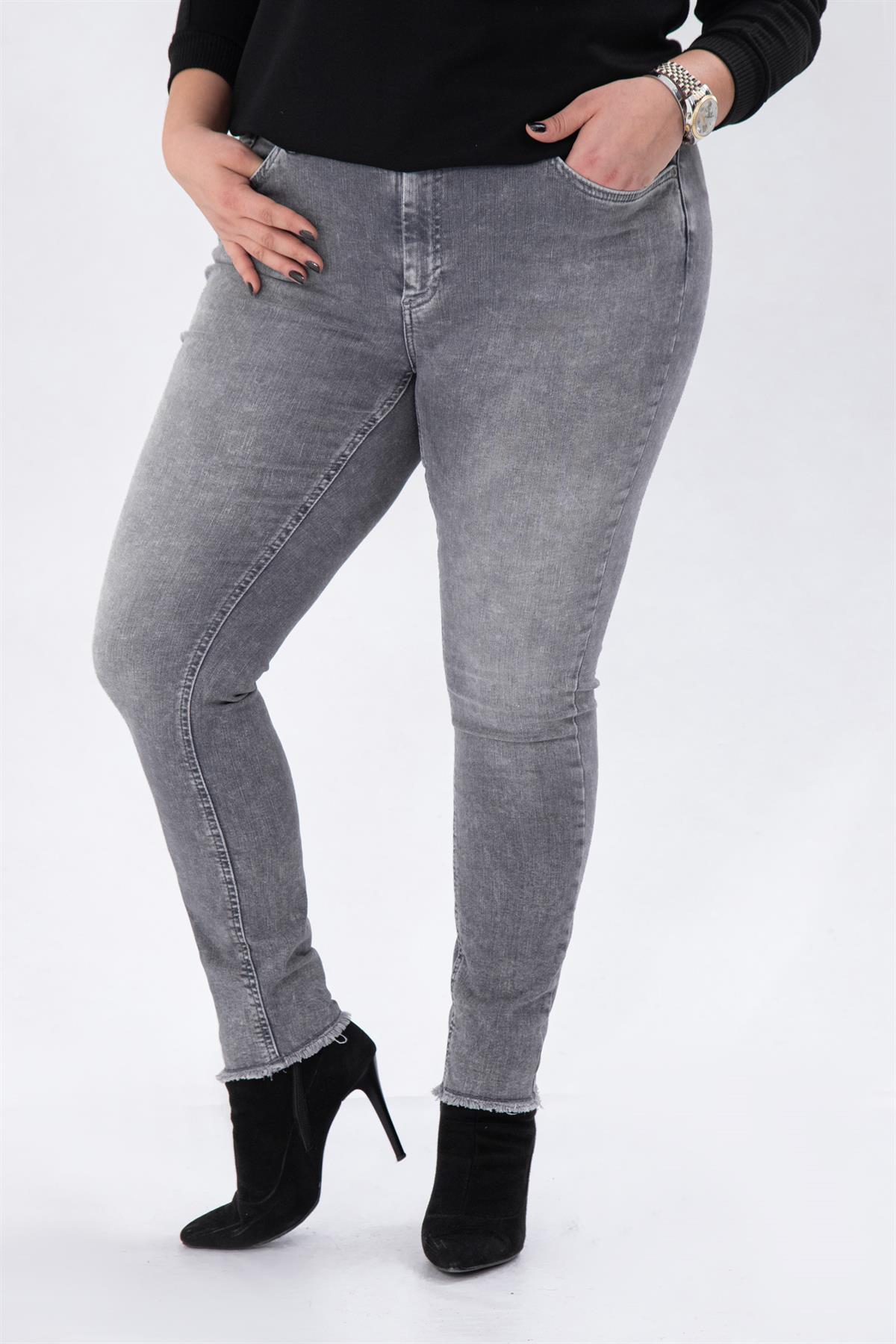 Büyük Beden 210088 Paça Detaylı Denim Pantolon  Gri