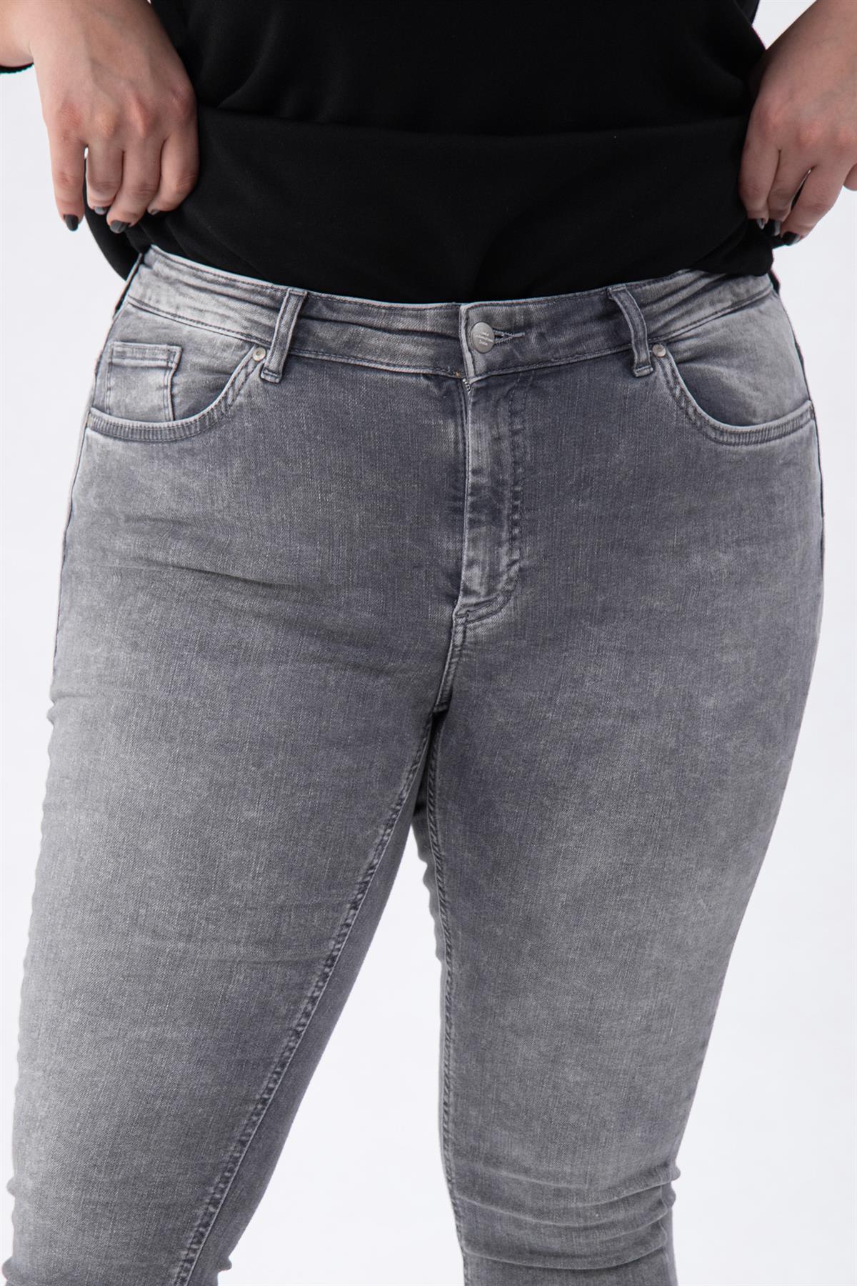 Büyük Beden 210088 Paça Detaylı Denim Pantolon  Gri