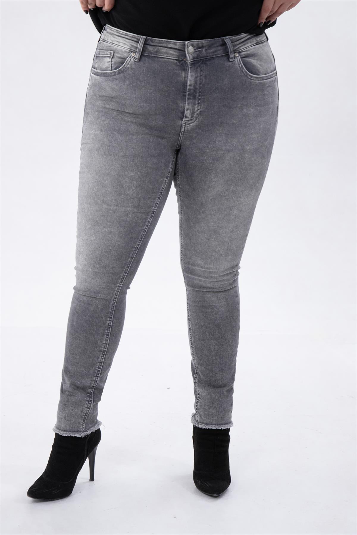 Büyük Beden 210088 Paça Detaylı Denim Pantolon  Gri