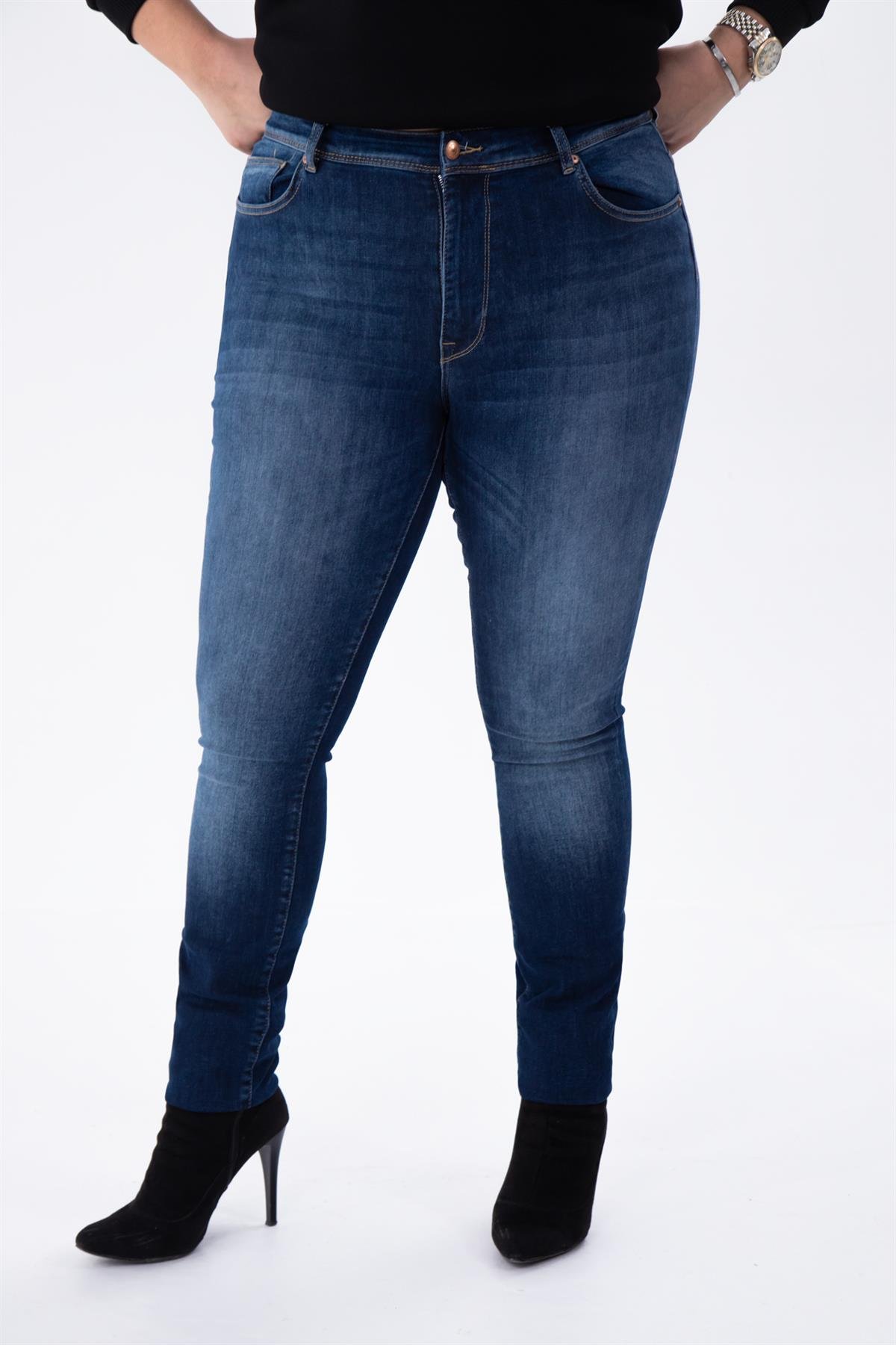 Büyük Beden 210089 Eskitme Denim Pantolon  Lacivert