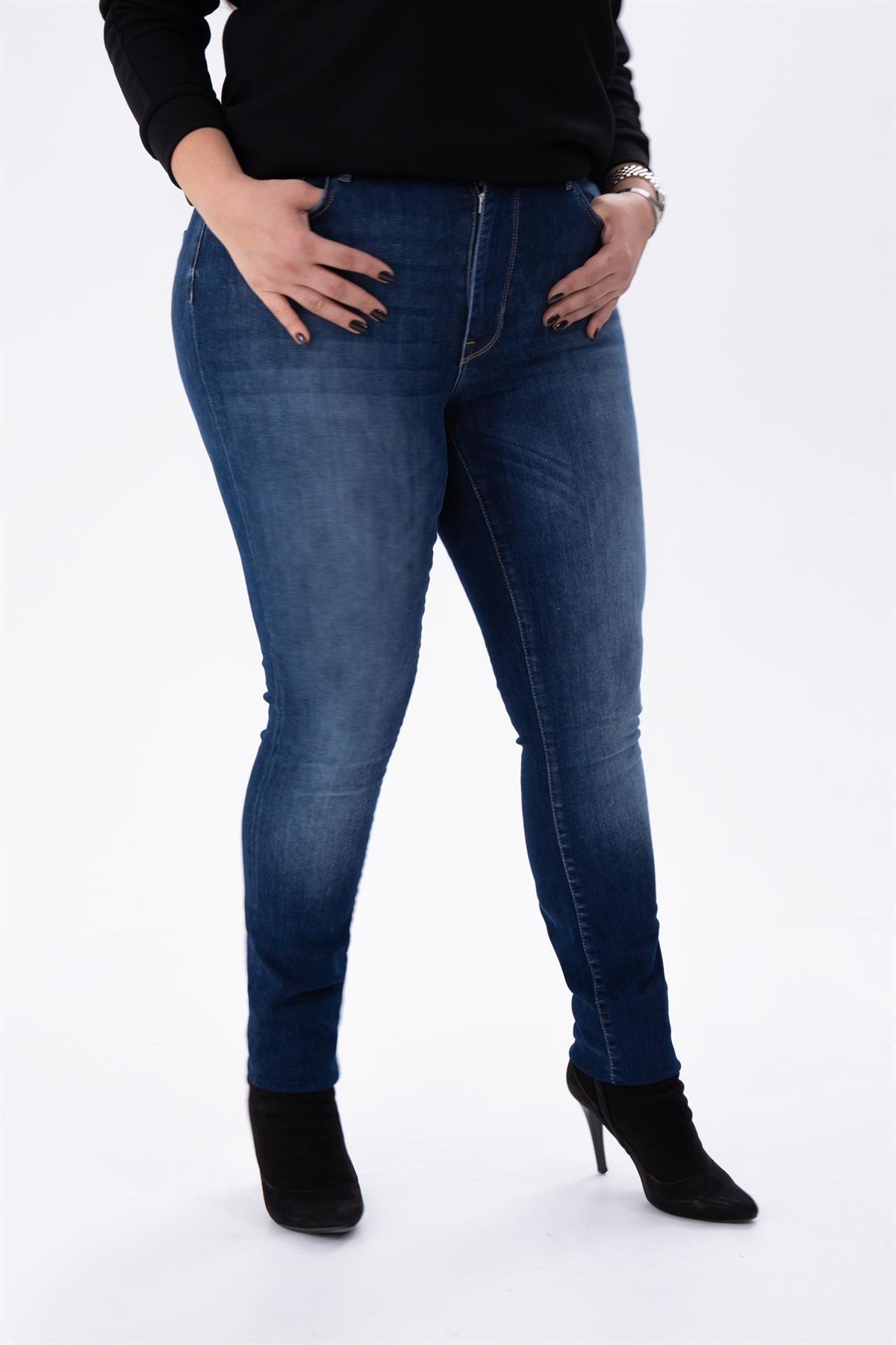 Büyük Beden 210089 Eskitme Denim Pantolon  Lacivert