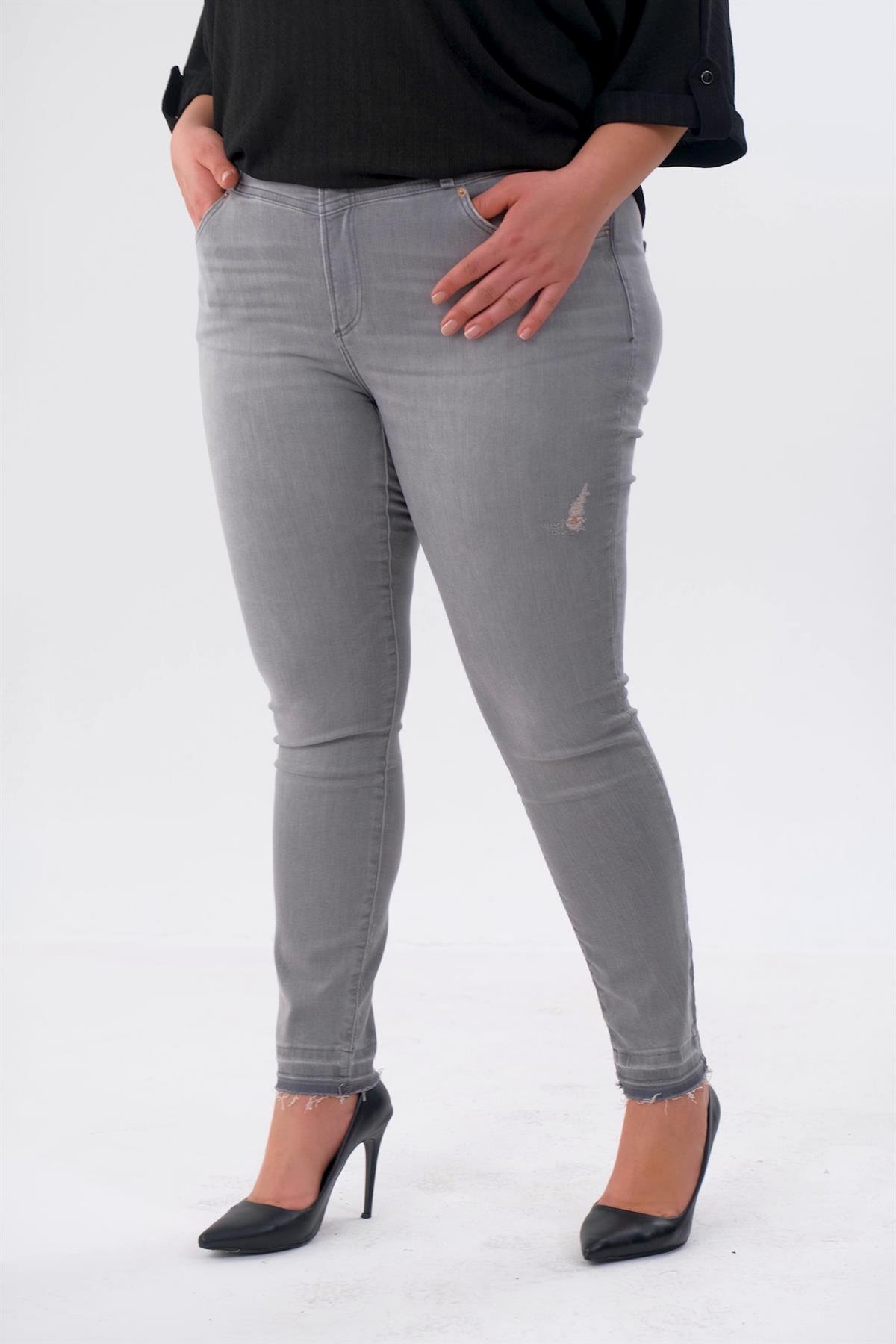 Büyük Beden 210098 Paça Detaylı Eskitme Denim Pantolon  Gri