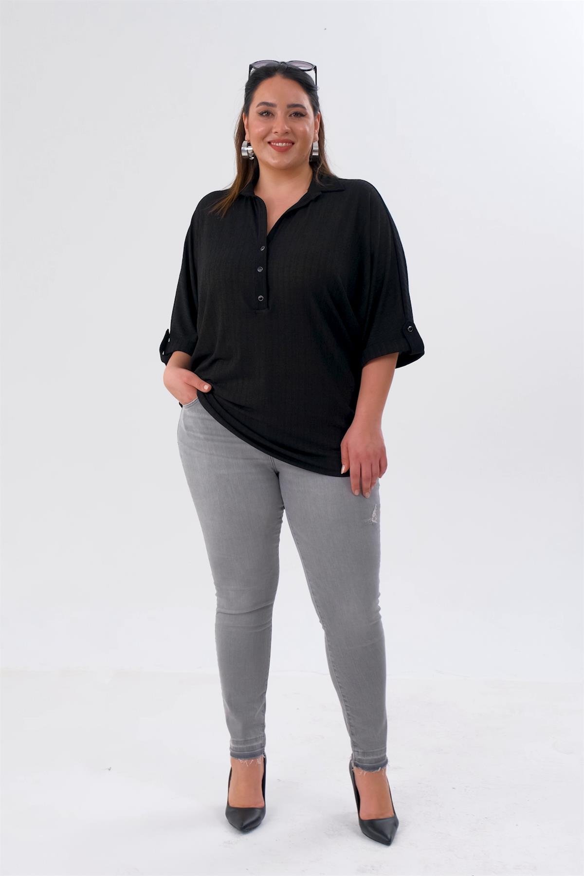 Büyük Beden 210098 Paça Detaylı Eskitme Denim Pantolon  Gri