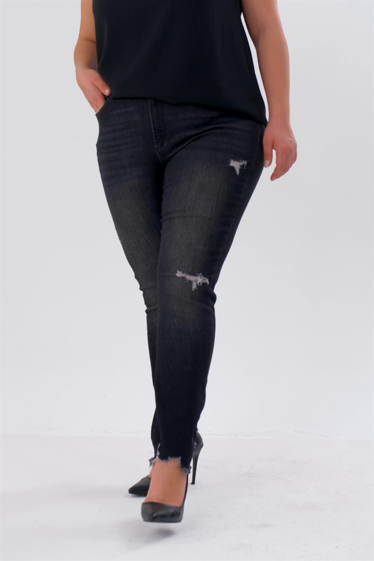 Büyük Beden 210099 Yırtık--Eskitme Denim Pantolon  Siyah