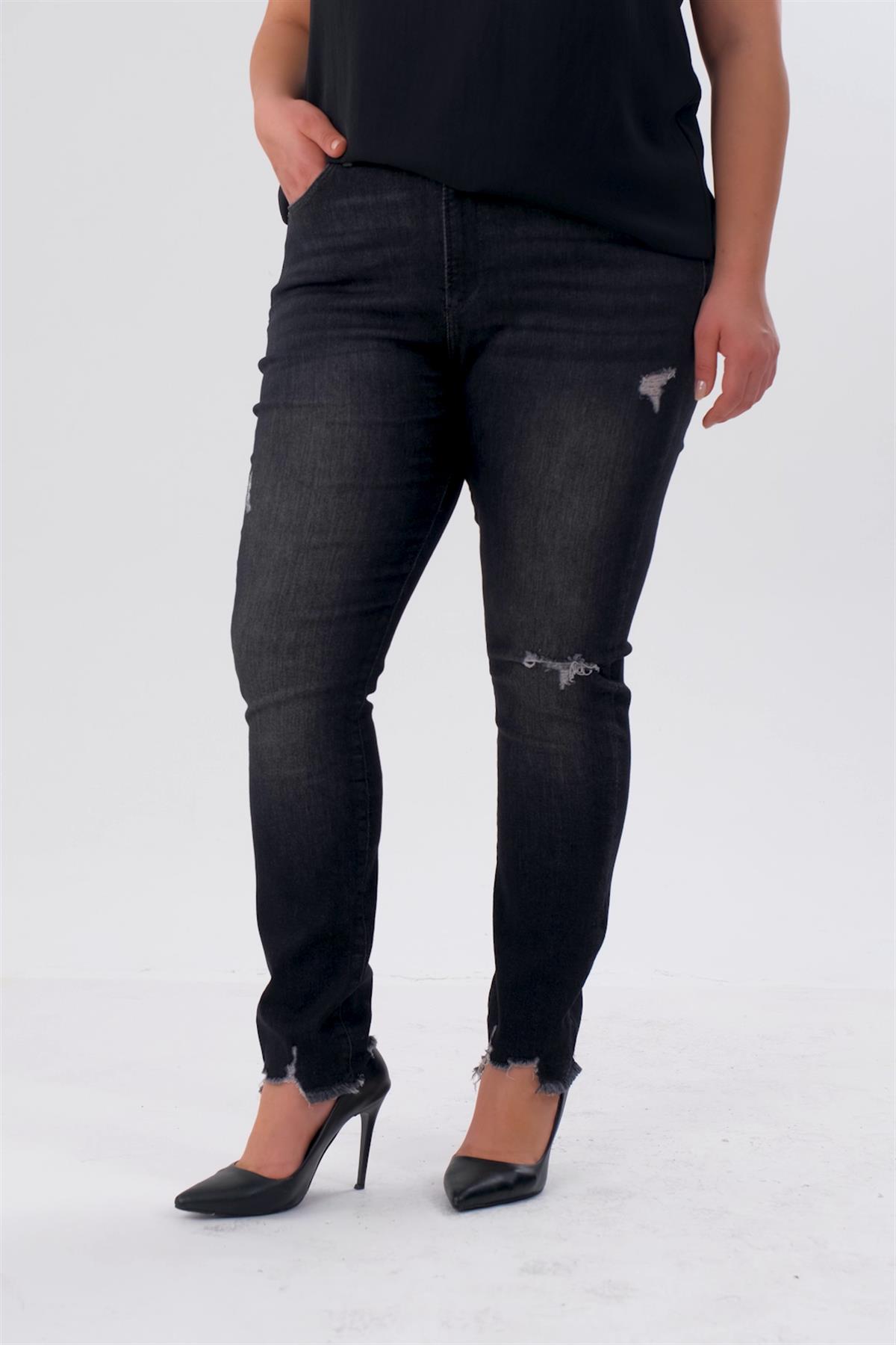 Büyük Beden 210099 Yırtık--Eskitme Denim Pantolon  Siyah