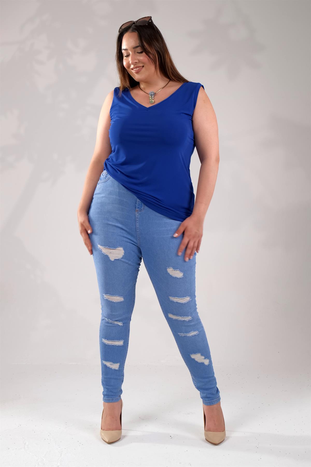 Büyük Beden 2222 Skinny Yırtık Denim Pantolon  Mavi