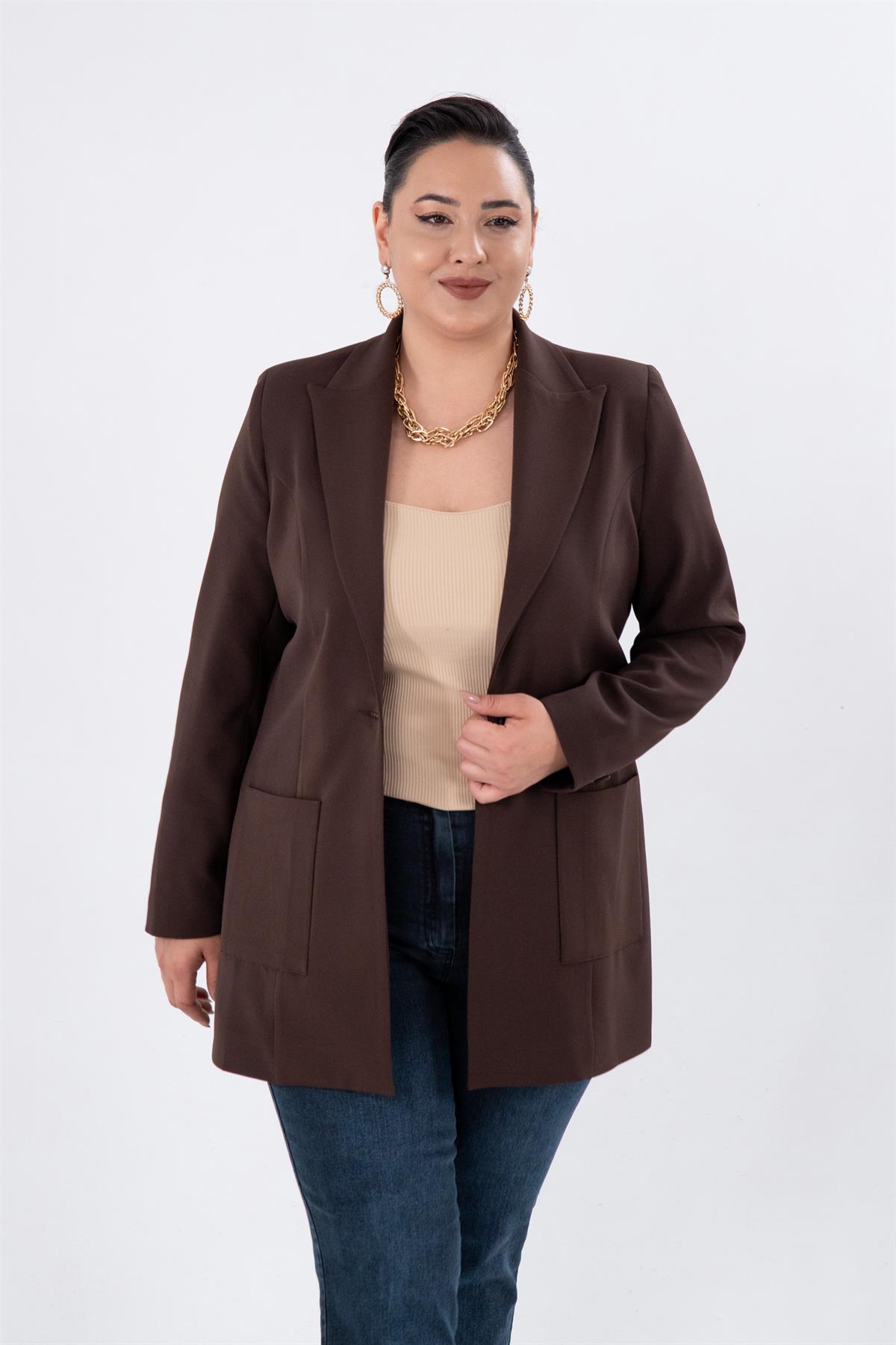 Büyük Beden 2230014 Cep Detaylı Blazer Ceket  Kahverengi
