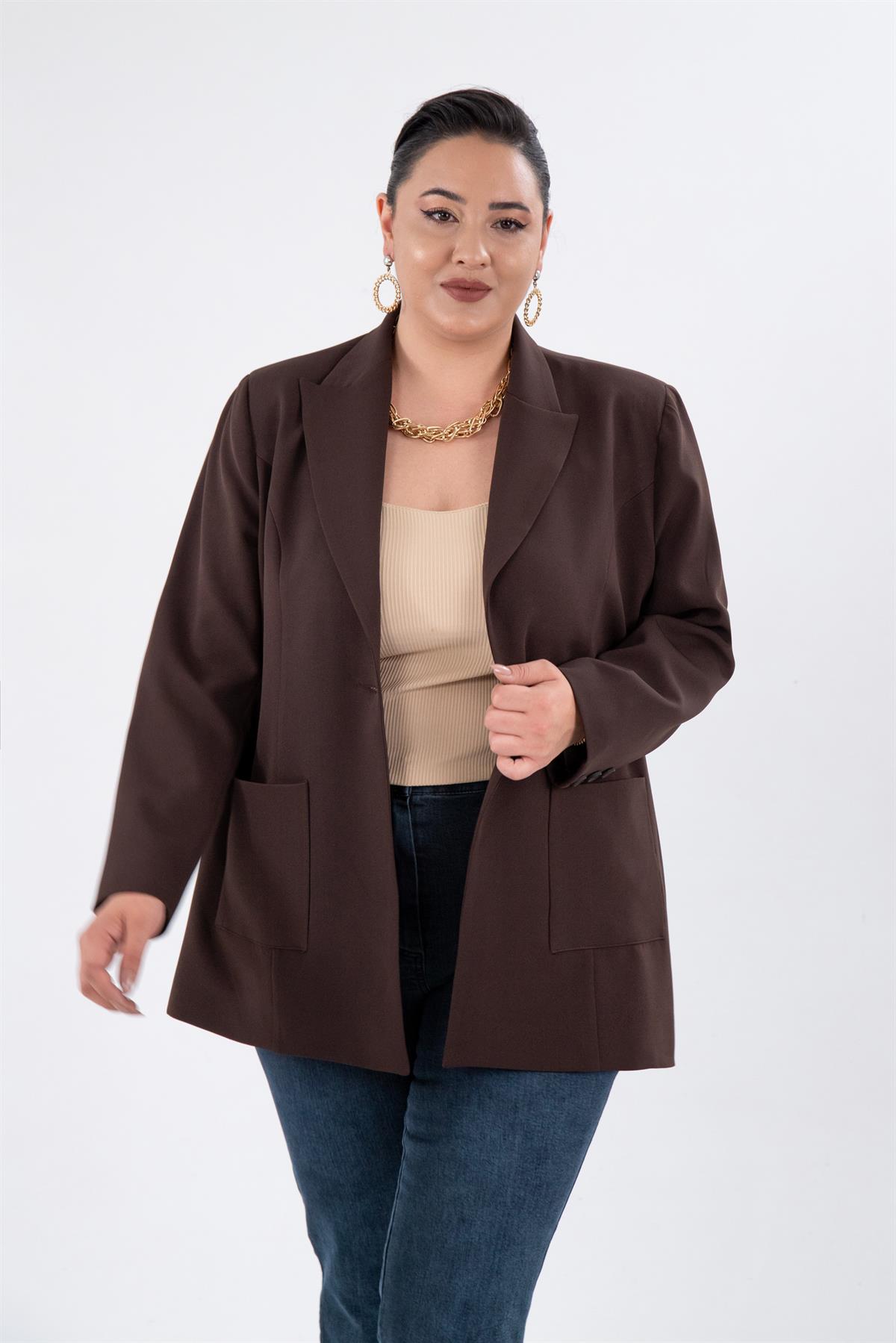 Büyük Beden 2230014 Cep Detaylı Blazer Ceket  Kahverengi