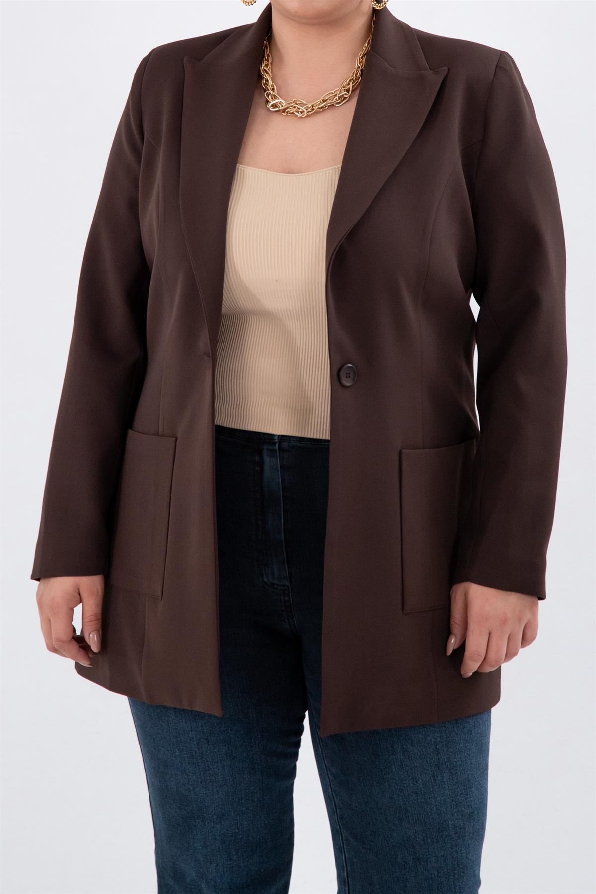 Büyük Beden 2230014 Cep Detaylı Blazer Ceket  Kahverengi